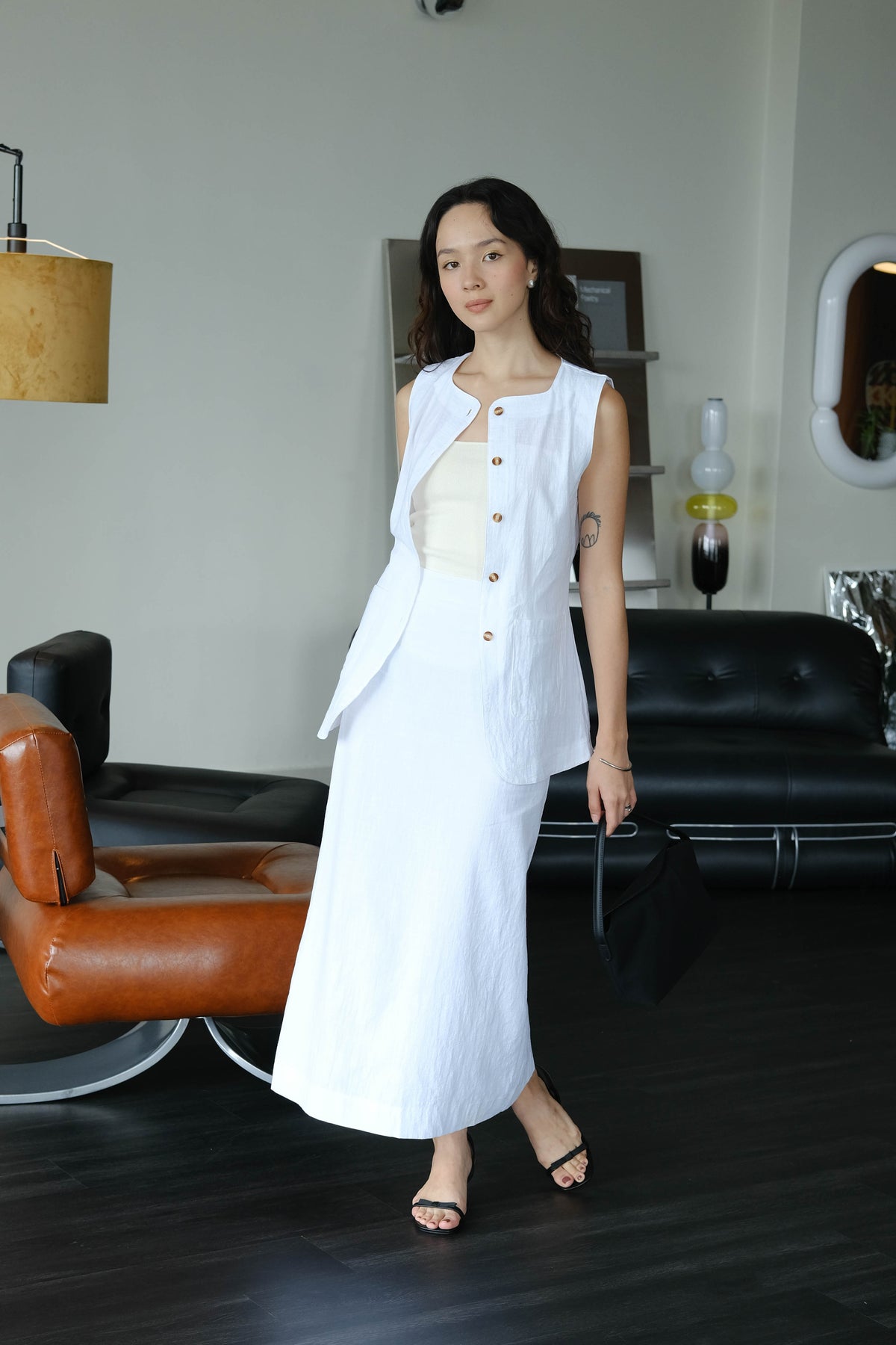 Sleeveless Vest + High Waist Skirt in Snow White Suit