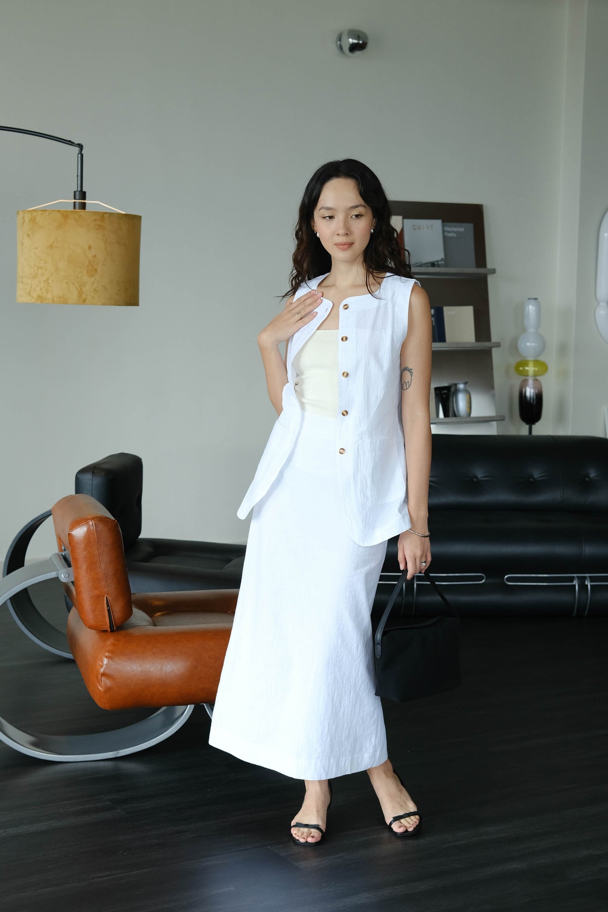 Sleeveless Vest + High Waist Skirt in Snow White Suit