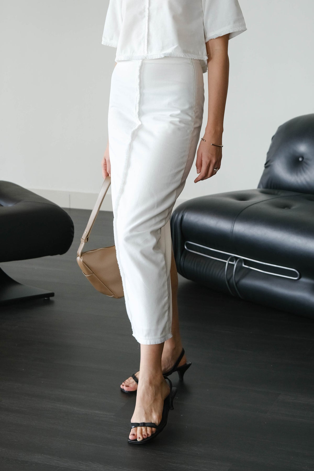 French White Cotton and Linen Long Straight Skirt