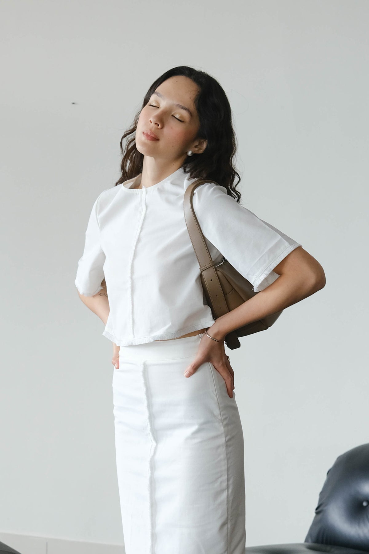 French White Cotton and Linen Long Straight Skirt