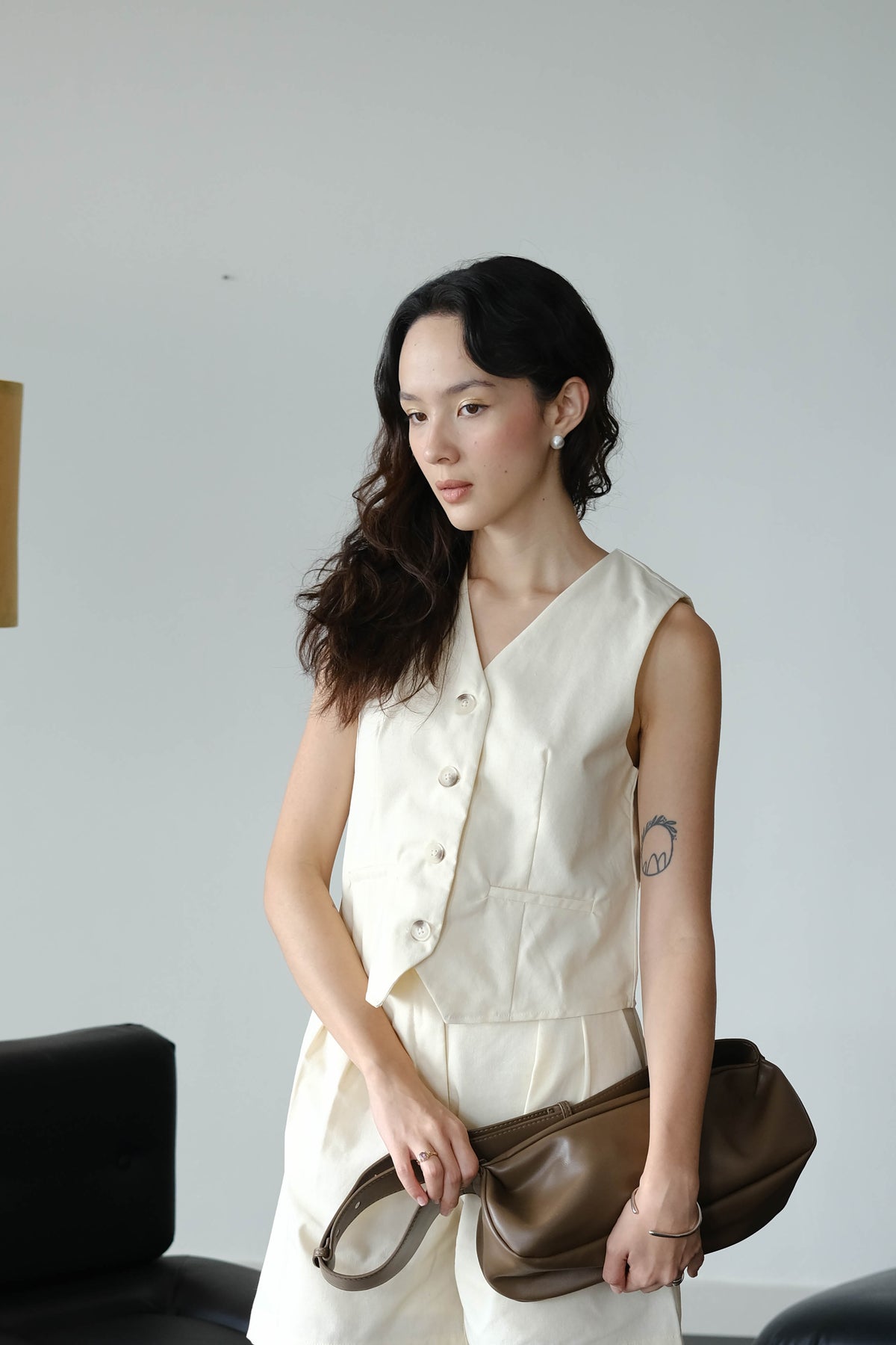 French Cotton Top + Linen Sleeveless Vest Short Pants in Cream White Suit