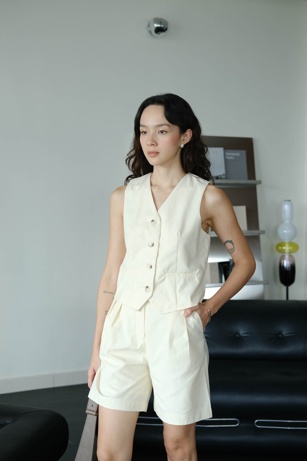 French Cotton Top + Linen Sleeveless Vest Short Pants in Cream White Suit
