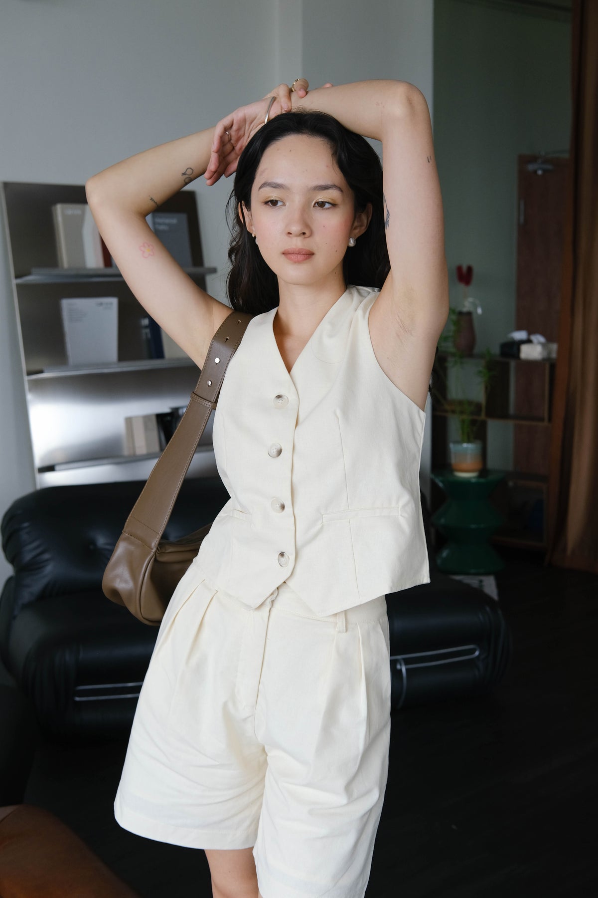 French Cotton Top + Linen Sleeveless Vest Short Pants in Cream White Suit