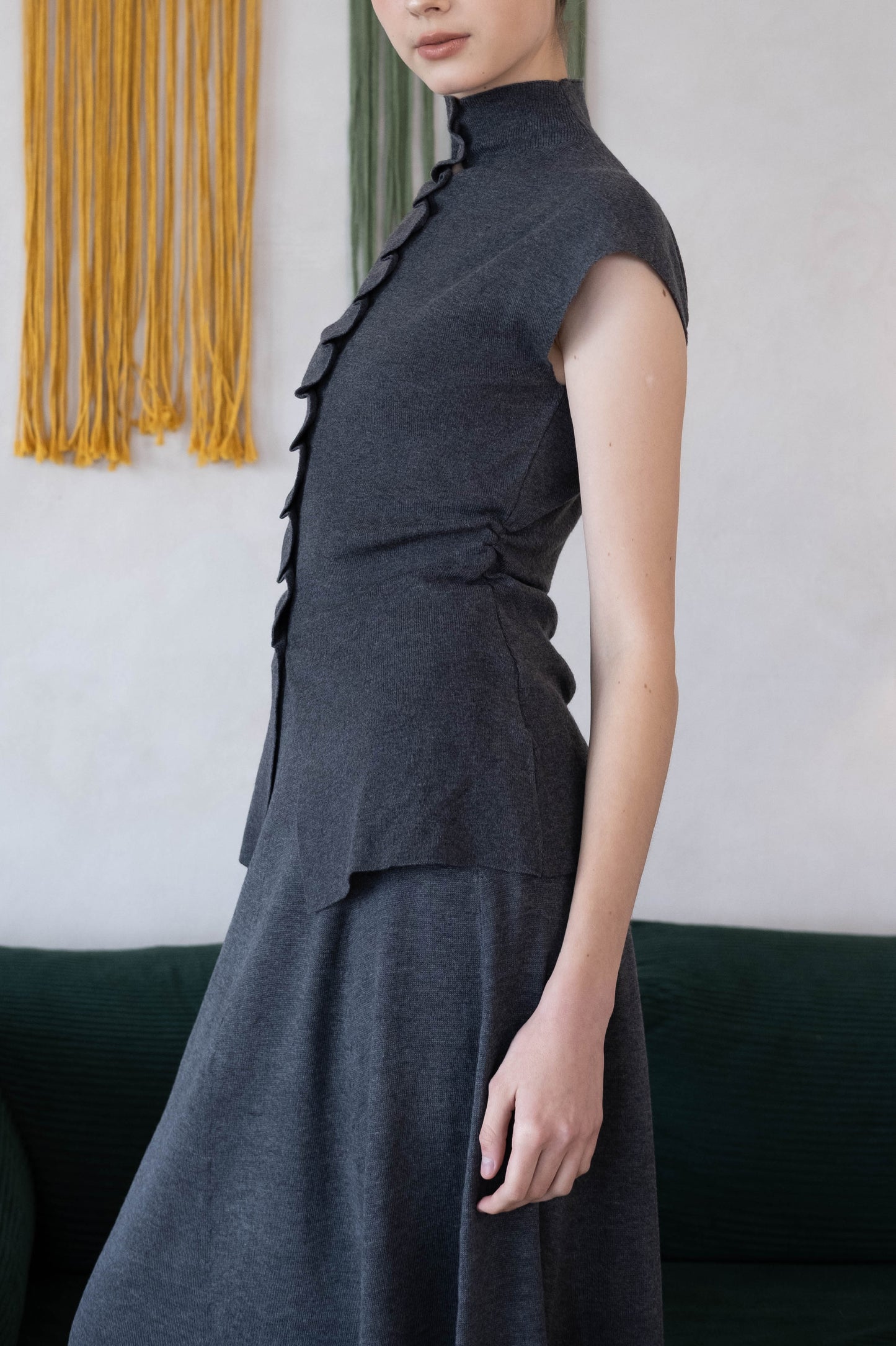 Stand Collar Irregular Design Button Top