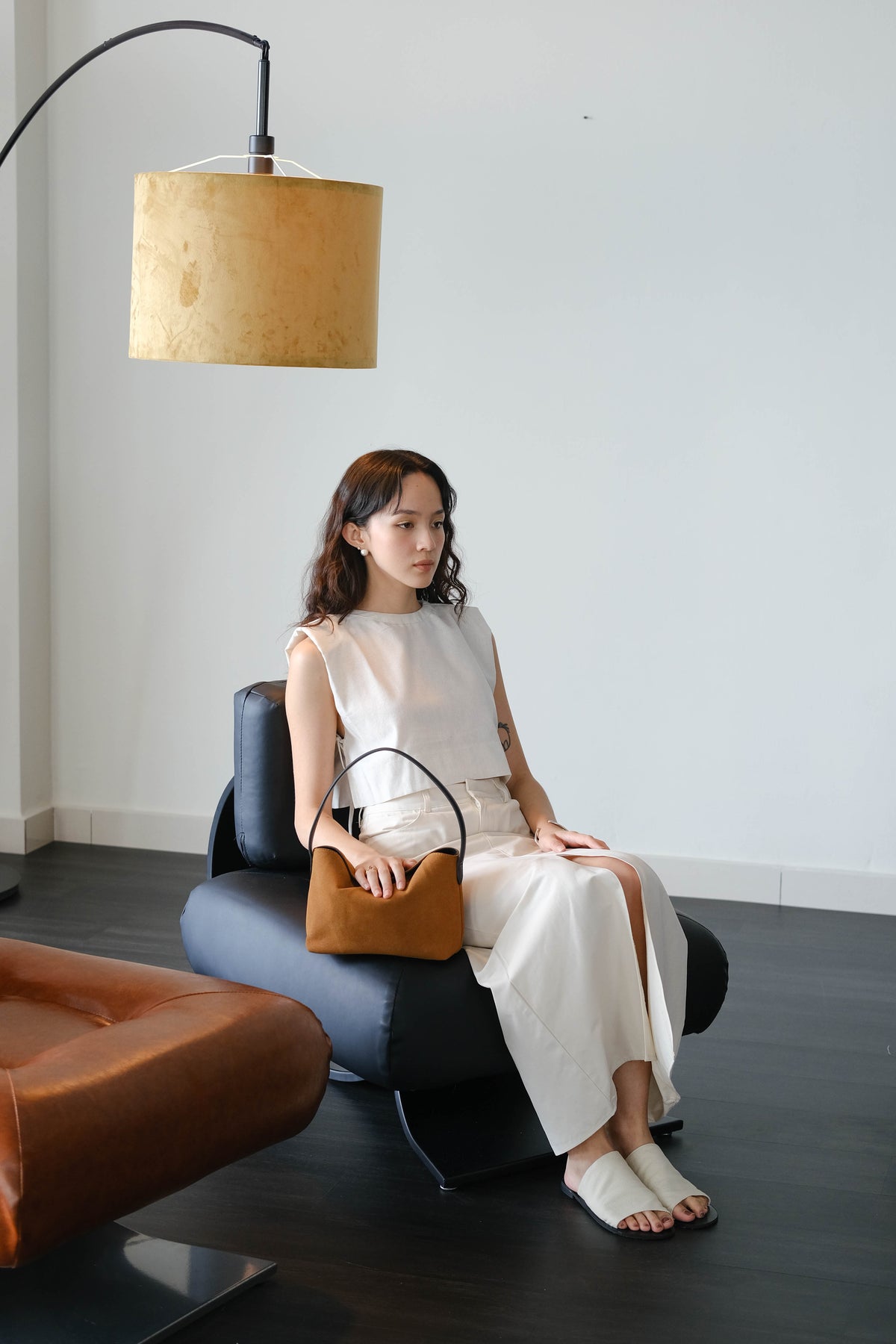 杏仁白純棉開衩高腰半身裙