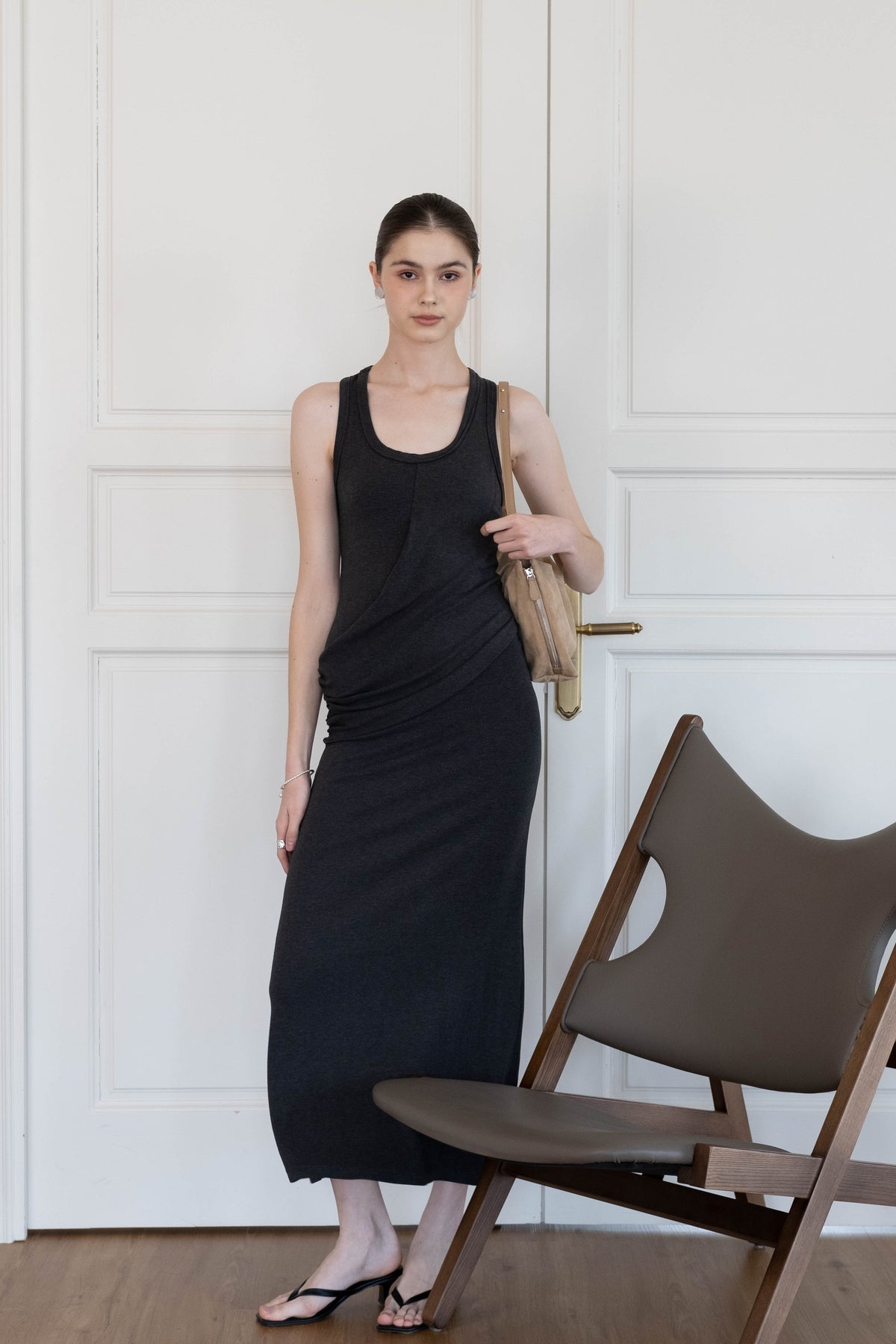 Elegant U-Neck Ruched Waist Maxi Dress - Dark Grey