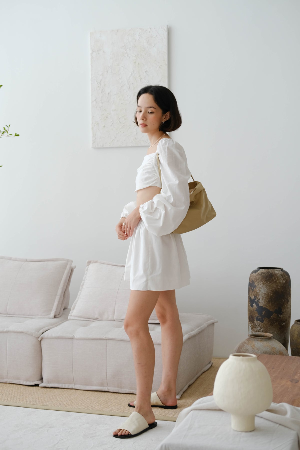 French Cotton and Linen Halter Top + Pleated High Waist Skirt