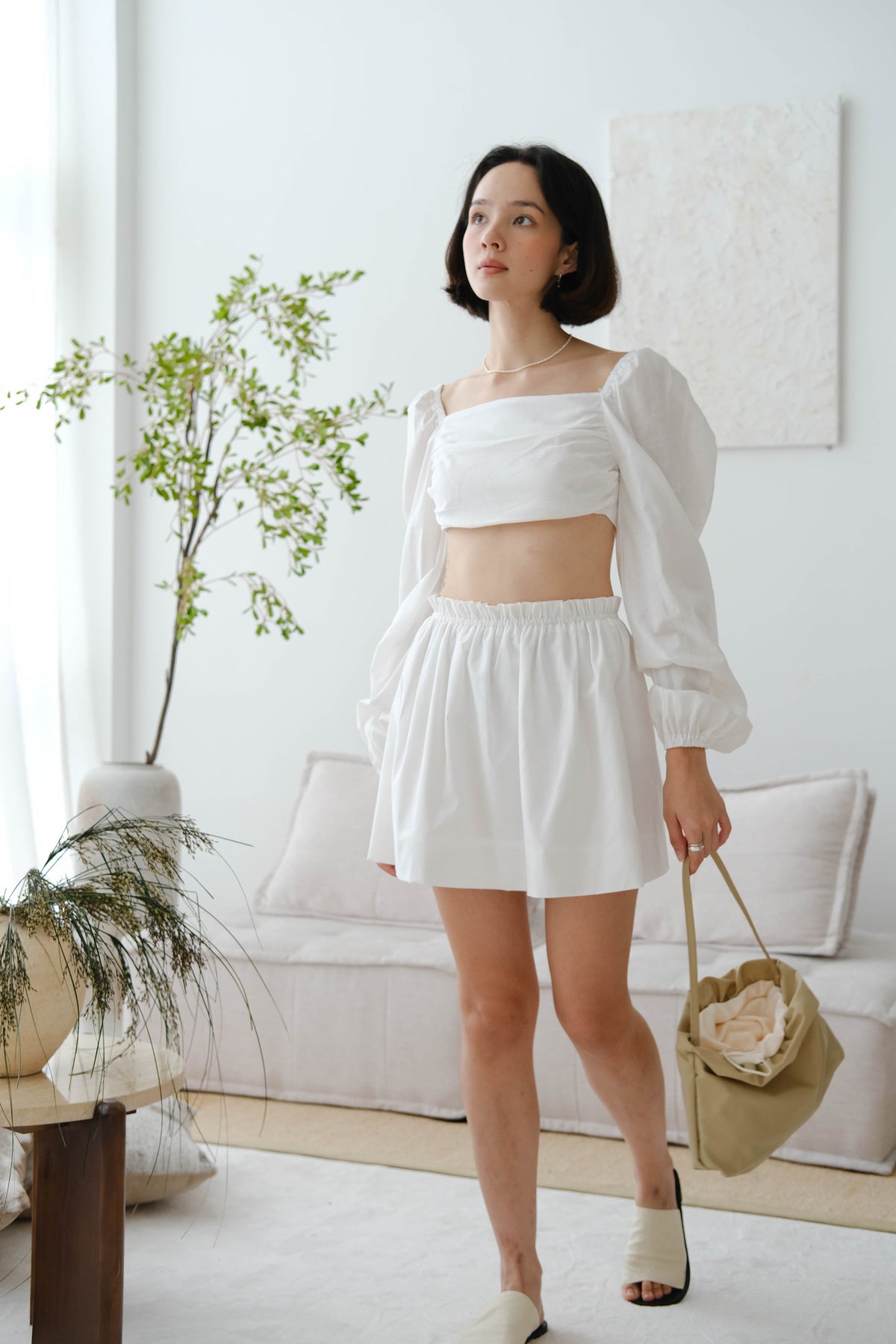 French Cotton and Linen Halter Top + Pleated High Waist Skirt