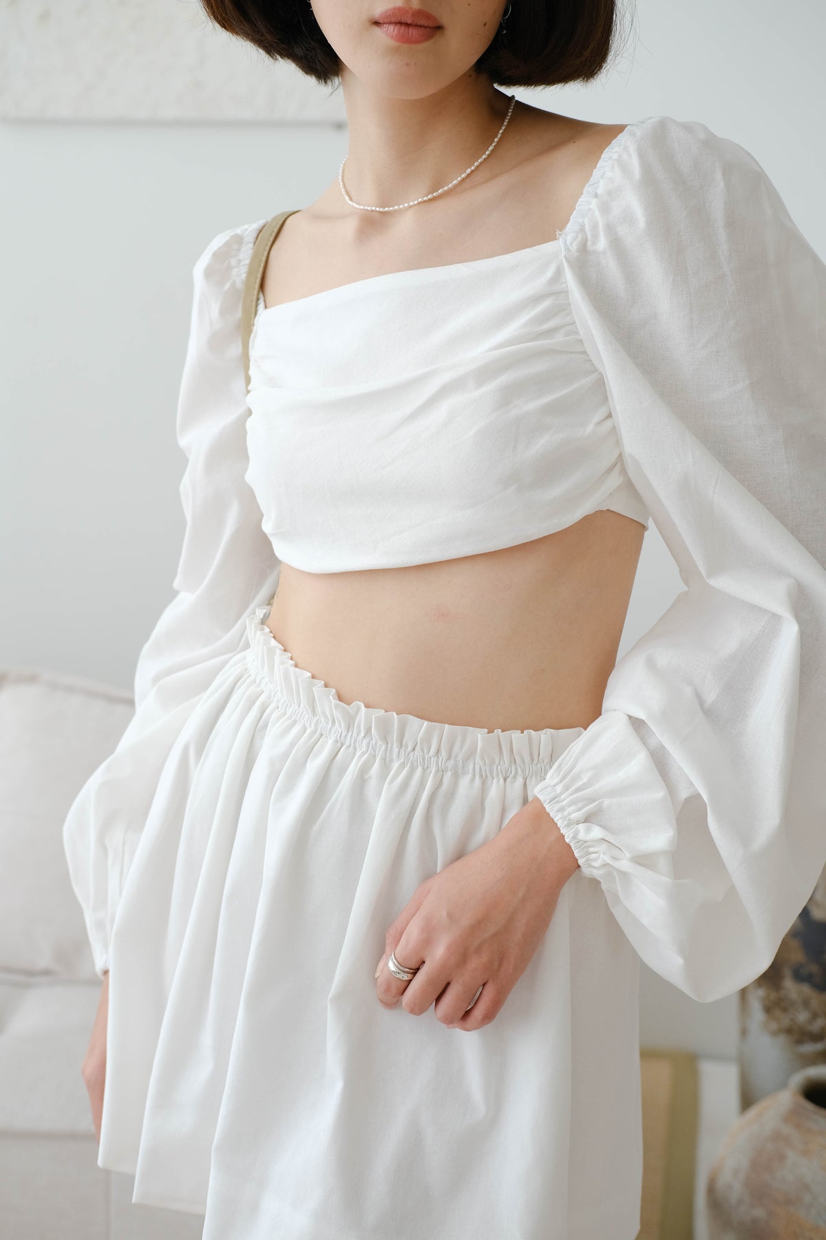 French Cotton and Linen Halter Top + Pleated High Waist Skirt
