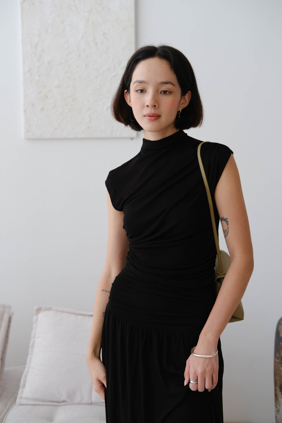 Wide Waistband Pleated Knitted Skirt In Classic Black