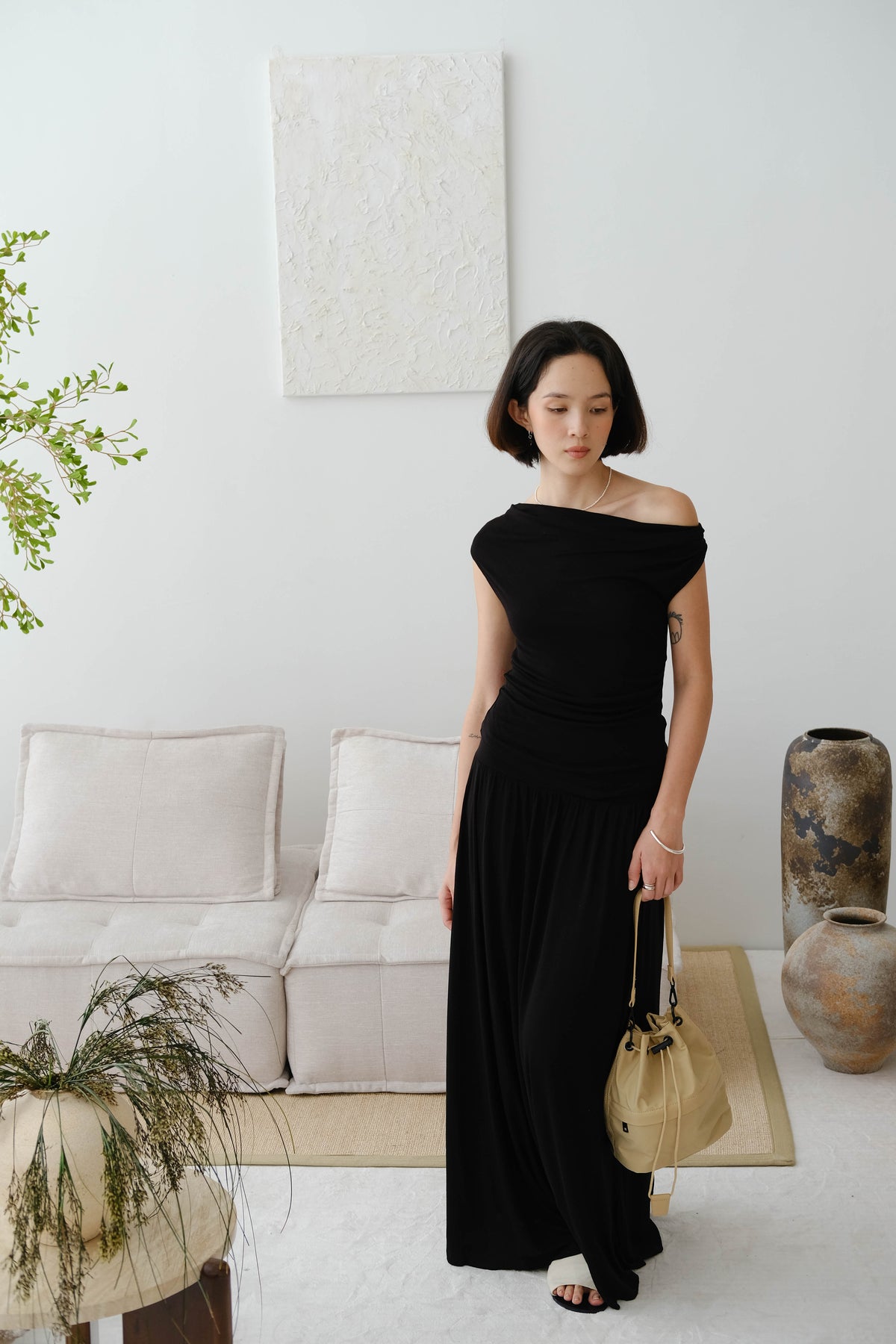 Wide Waistband Pleated Knitted Skirt In Classic Black