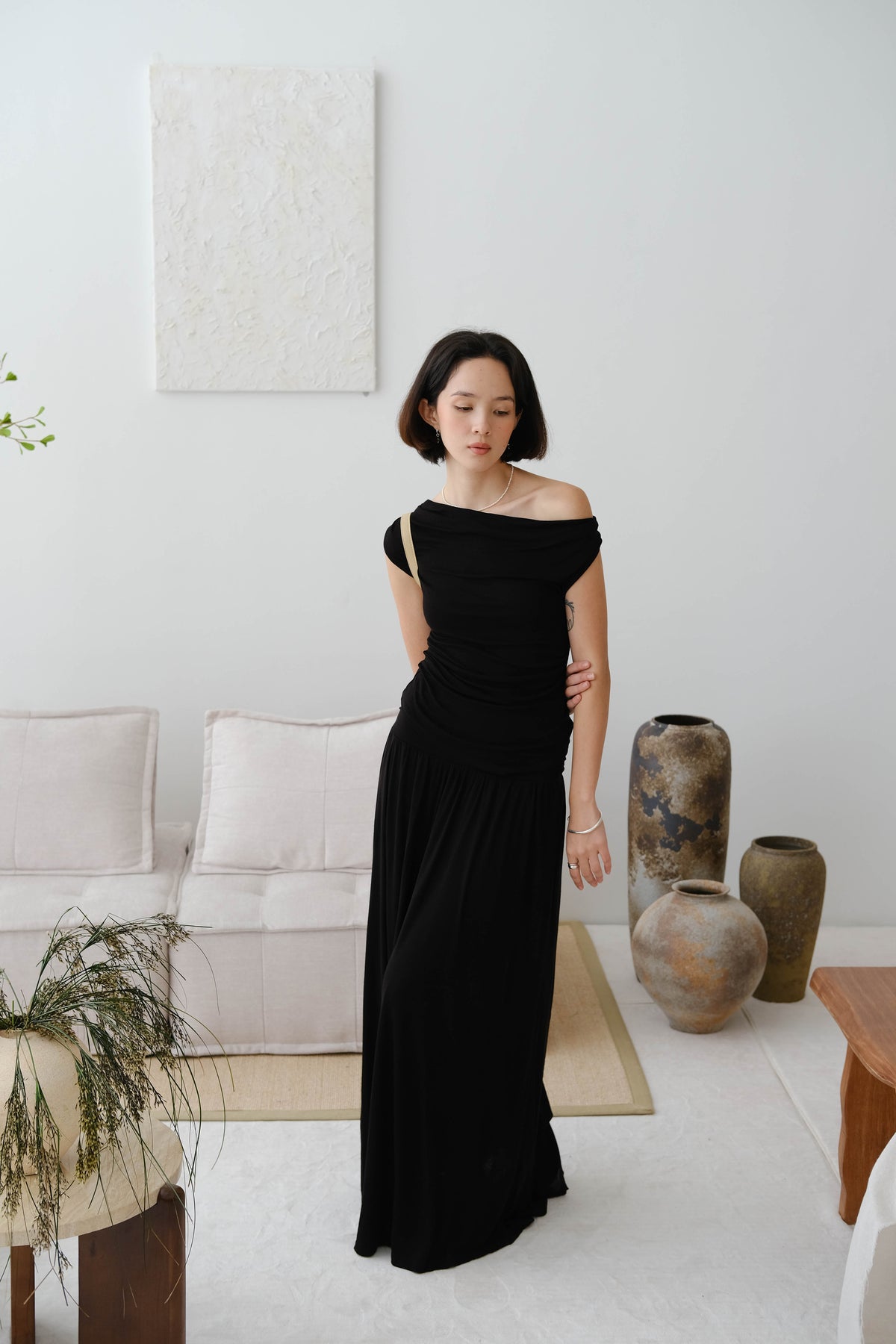 Wide Waistband Pleated Knitted Skirt In Classic Black