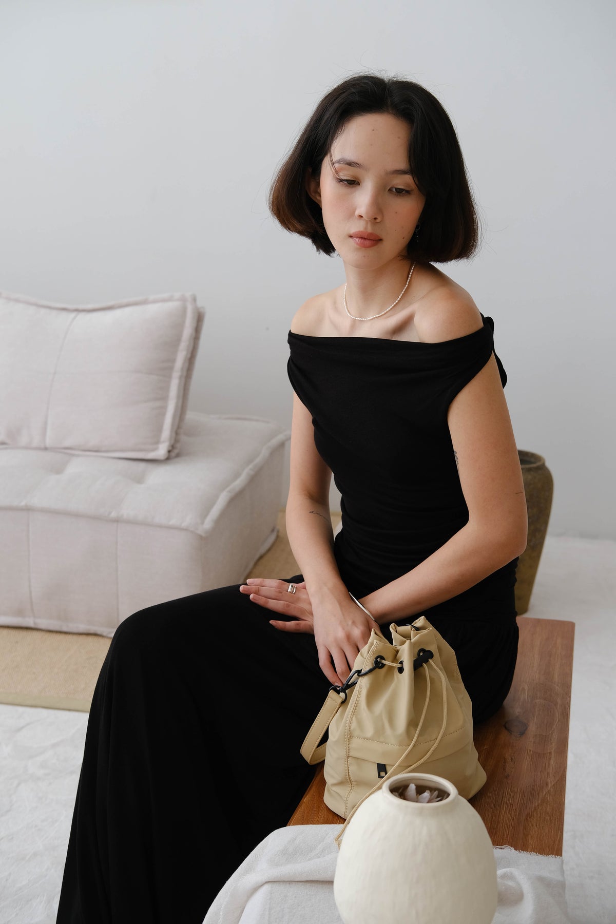 Wide Waistband Pleated Knitted Skirt In Classic Black