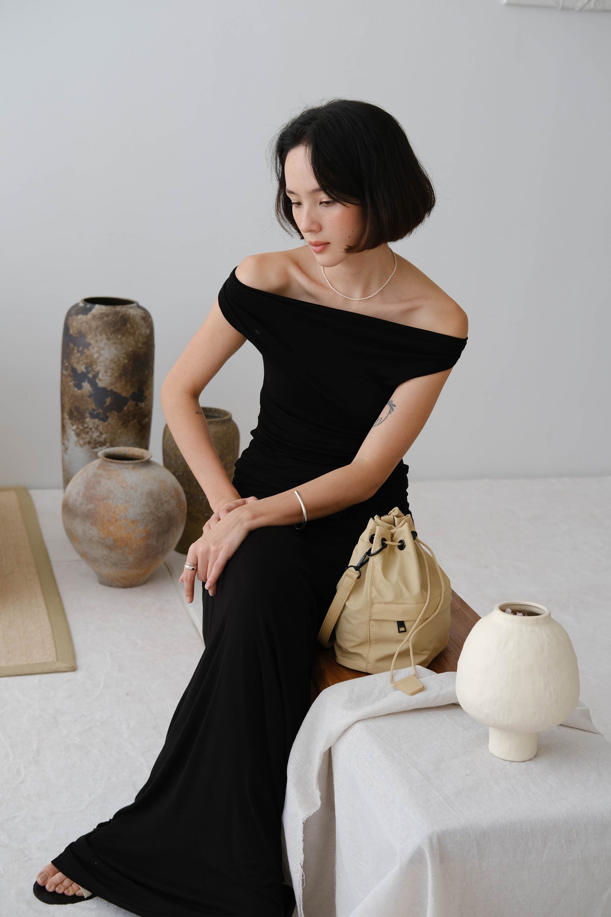 Wide Waistband Pleated Knitted Skirt In Classic Black