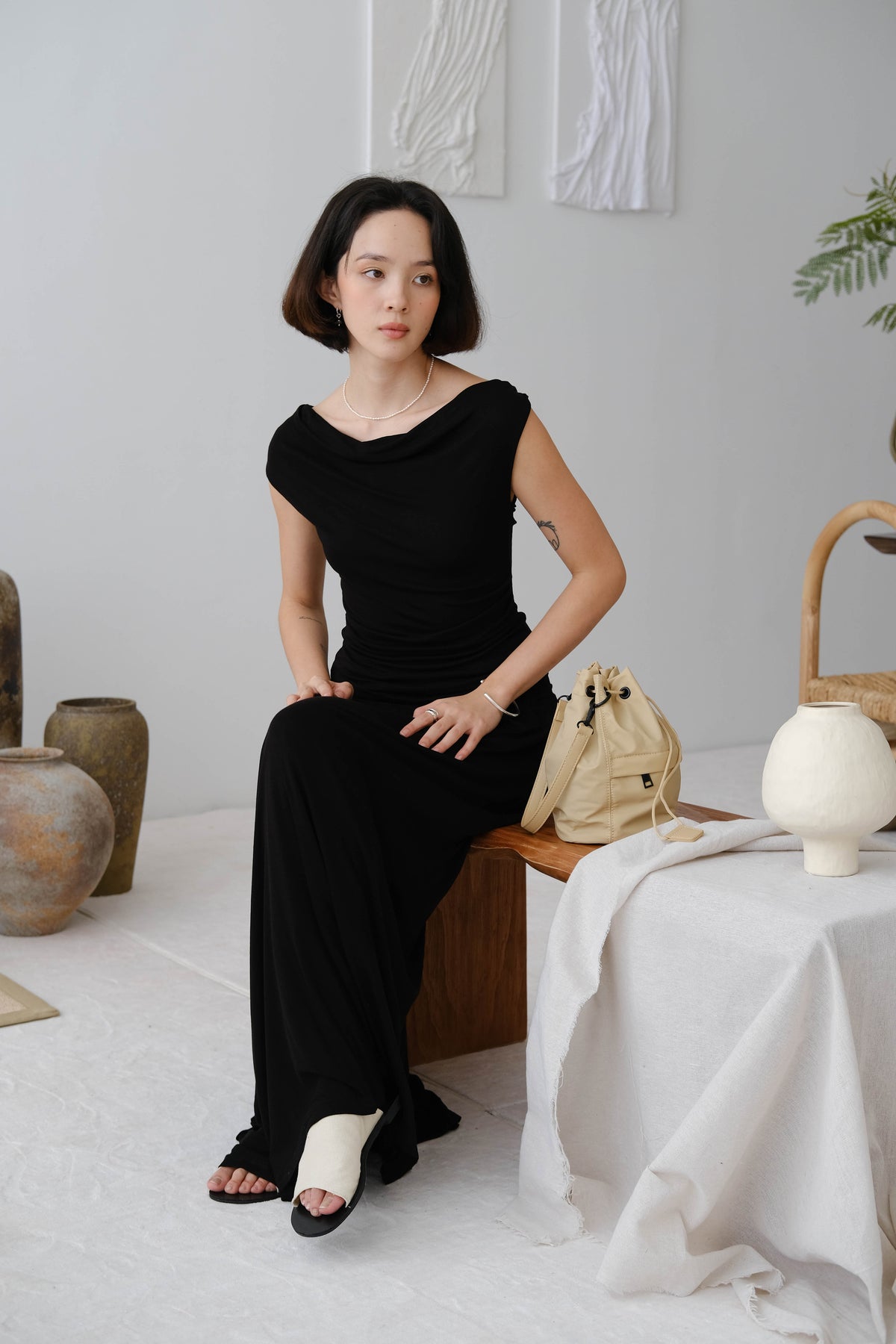 Wide Waistband Pleated Knitted Skirt In Classic Black