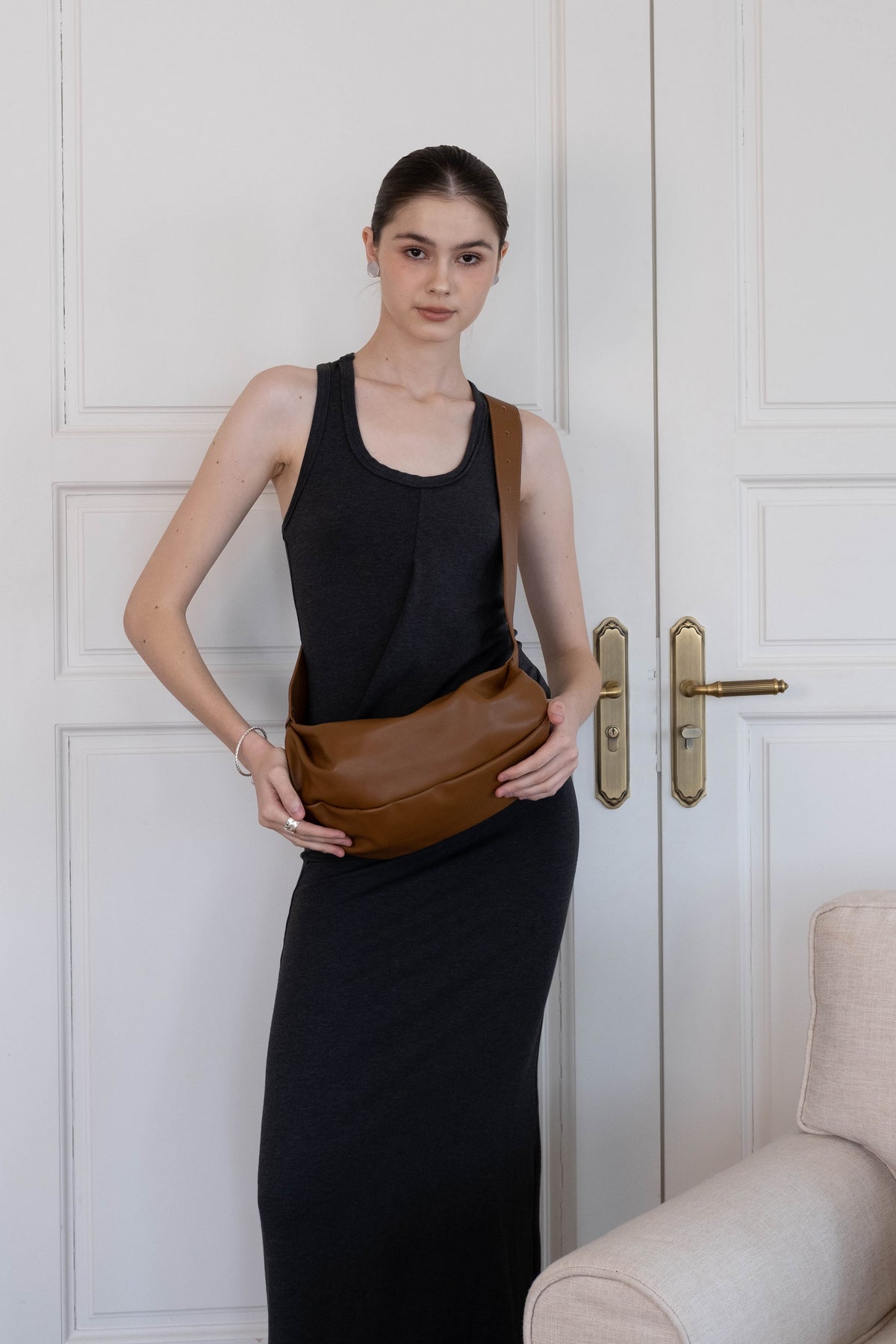 PU Soft Leather Pillow Bag in Brown