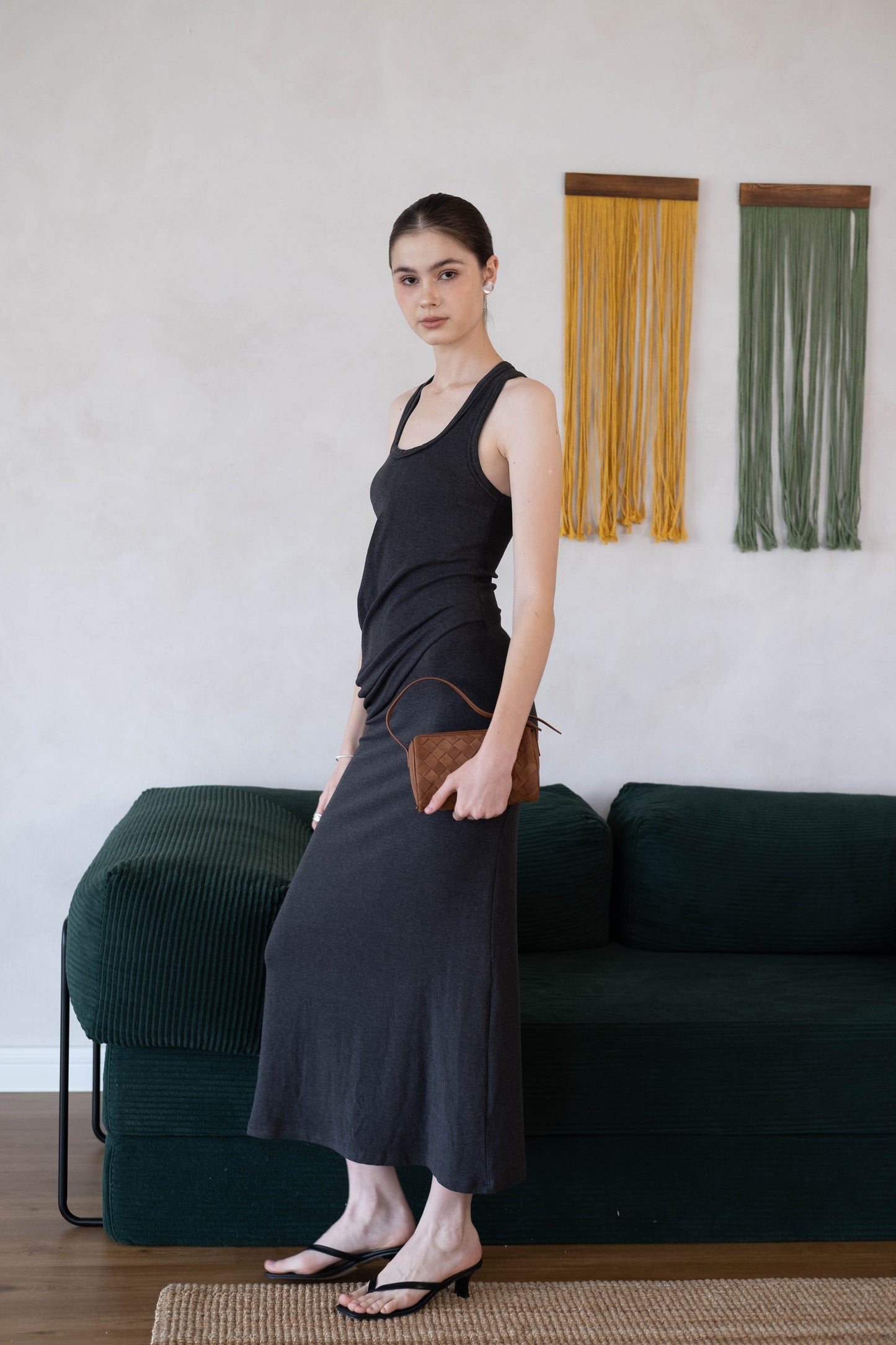 Elegant U-Neck Ruched Waist Maxi Dress - Dark Grey