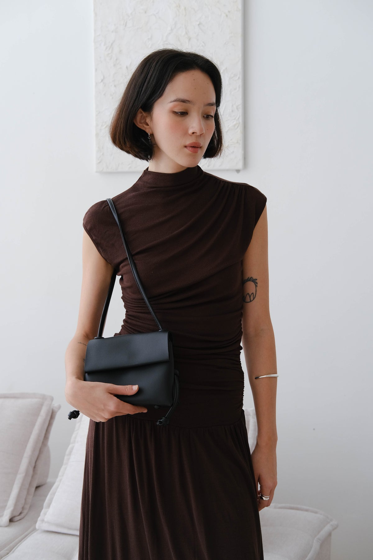 Wide Waistband Pleated Knitted Skirt In Coffee