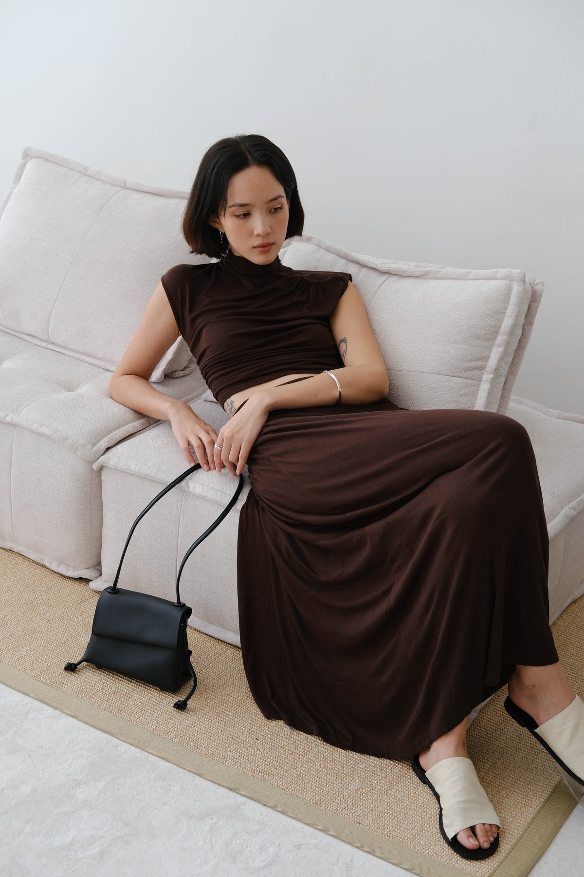 Wide Waistband Pleated Knitted Skirt In Coffee