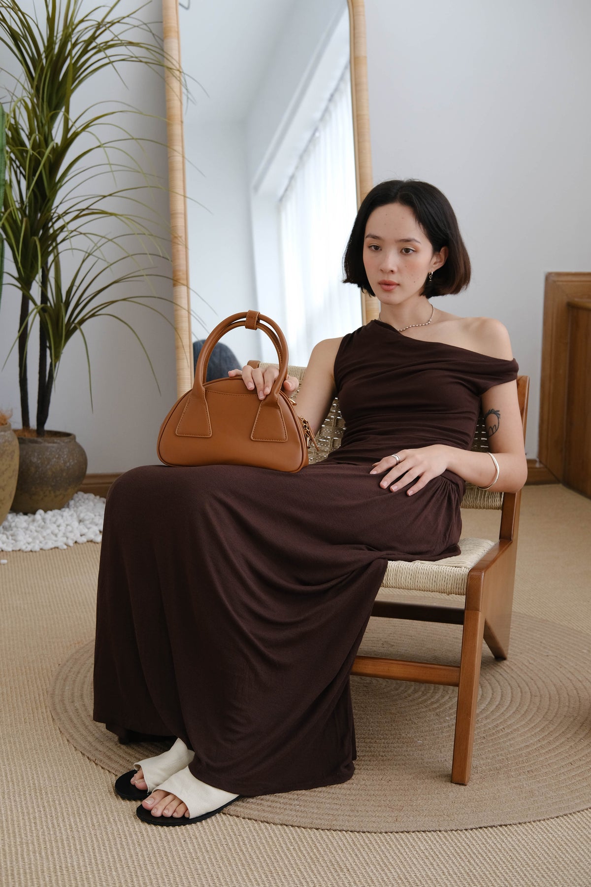 Wide Waistband Pleated Knitted Skirt In Coffee
