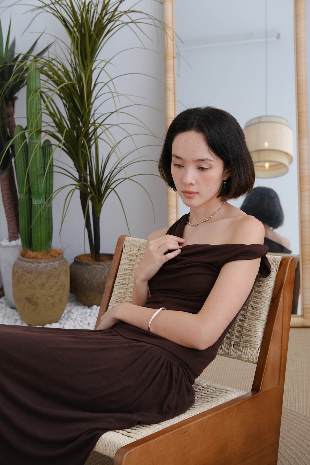 Wide Waistband Pleated Knitted Skirt In Coffee