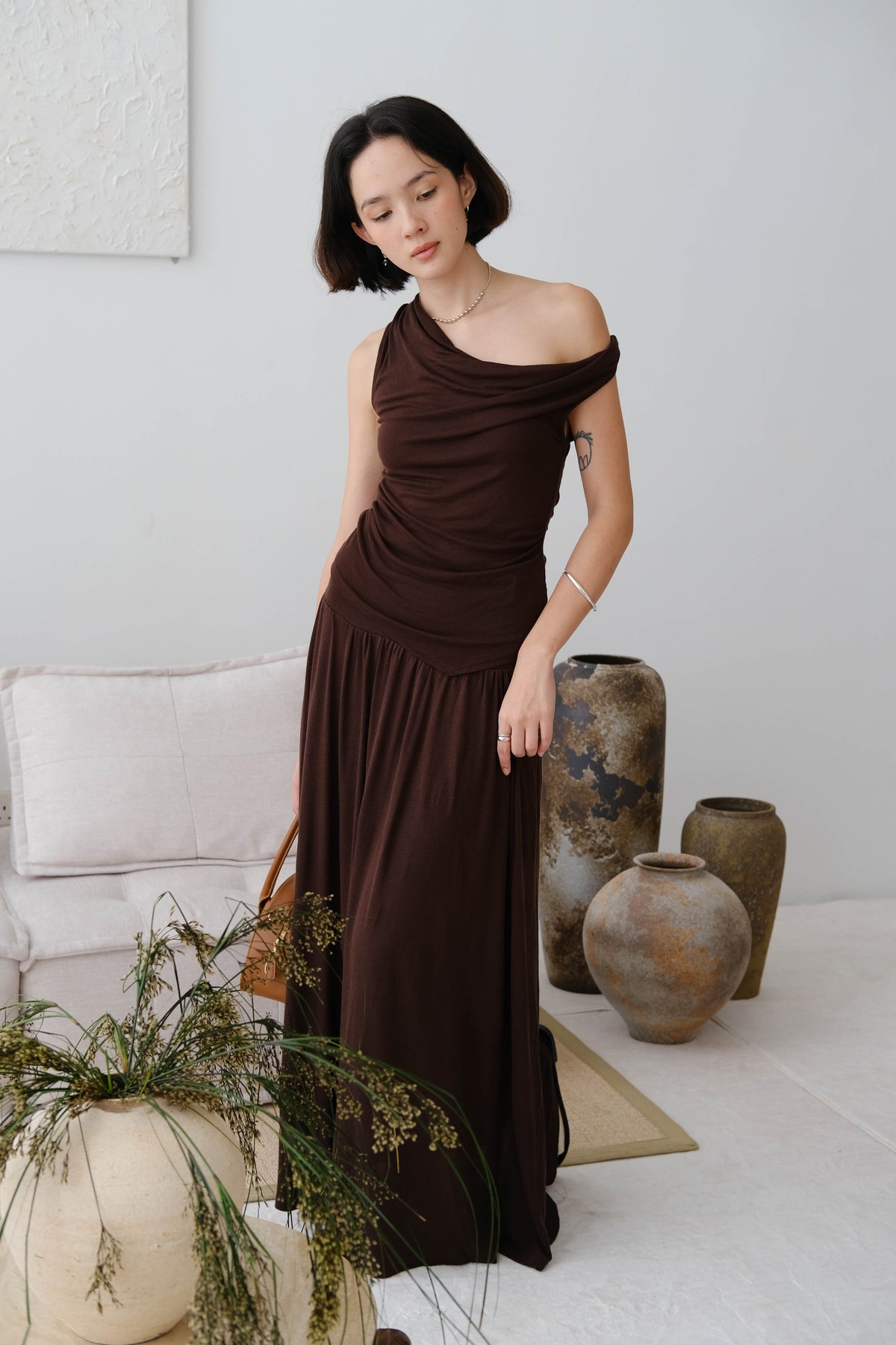 Wide Waistband Pleated Knitted Skirt In Coffee