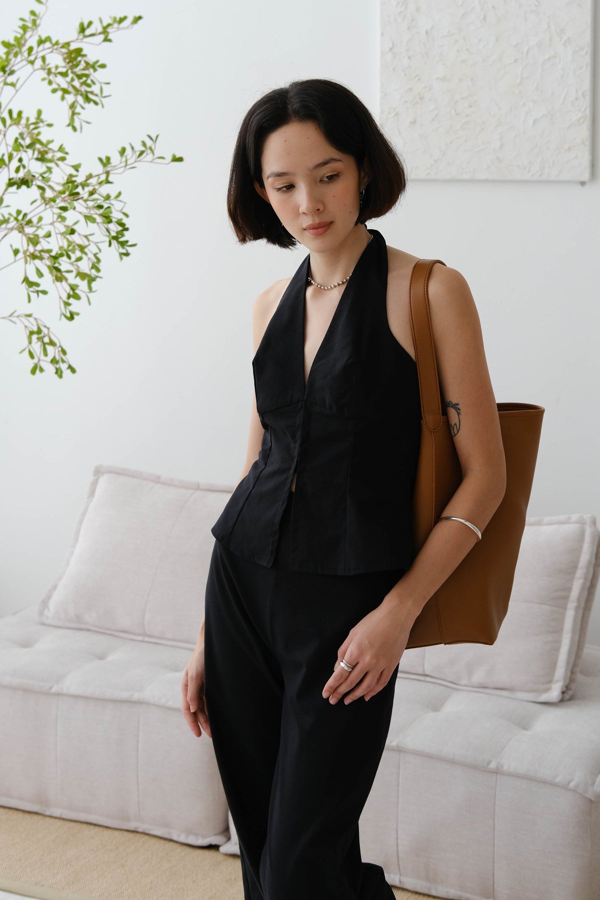 French Cotton and Linen High Waist Trousers In Classic Black
