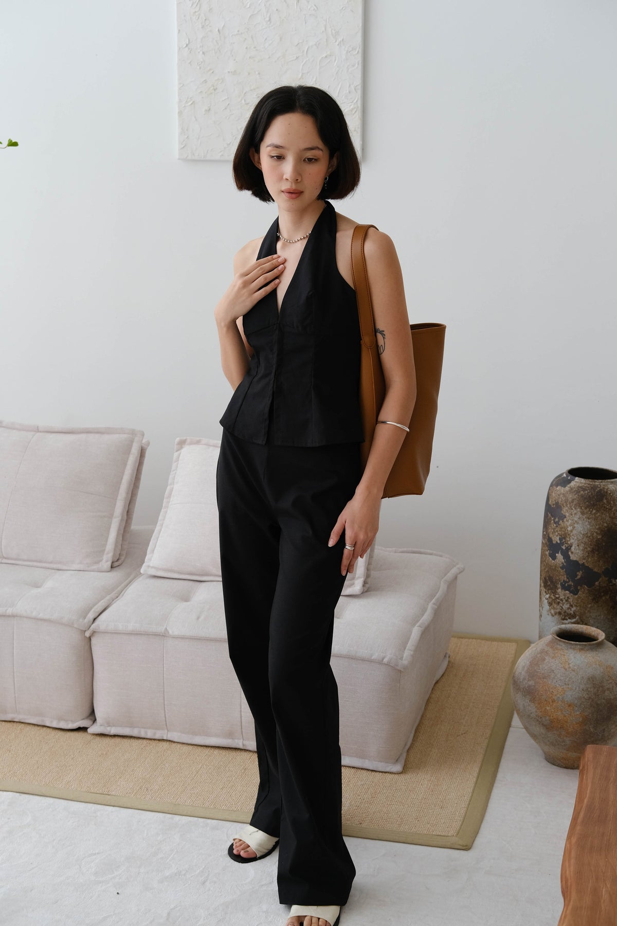 French Cotton and Linen High Waist Trousers In Classic Black