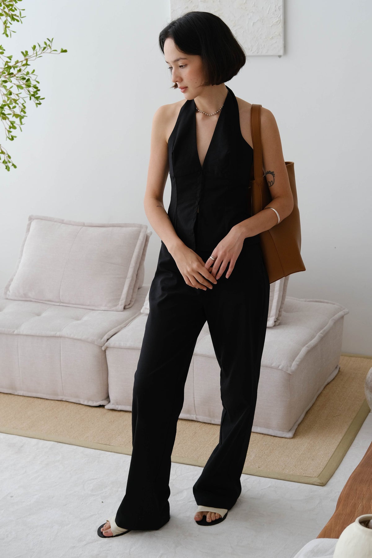 French Cotton and Linen High Waist Trousers In Classic Black