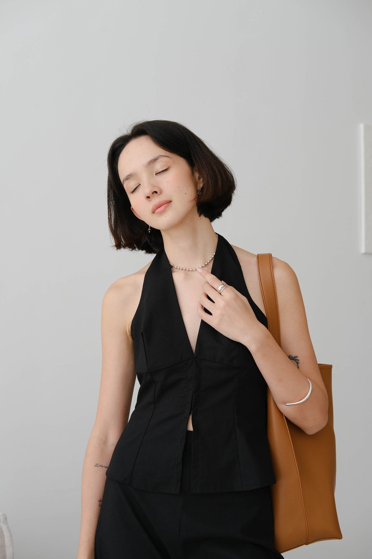 French Cotton and Linen Sleeveless Halter Top with Classic Black