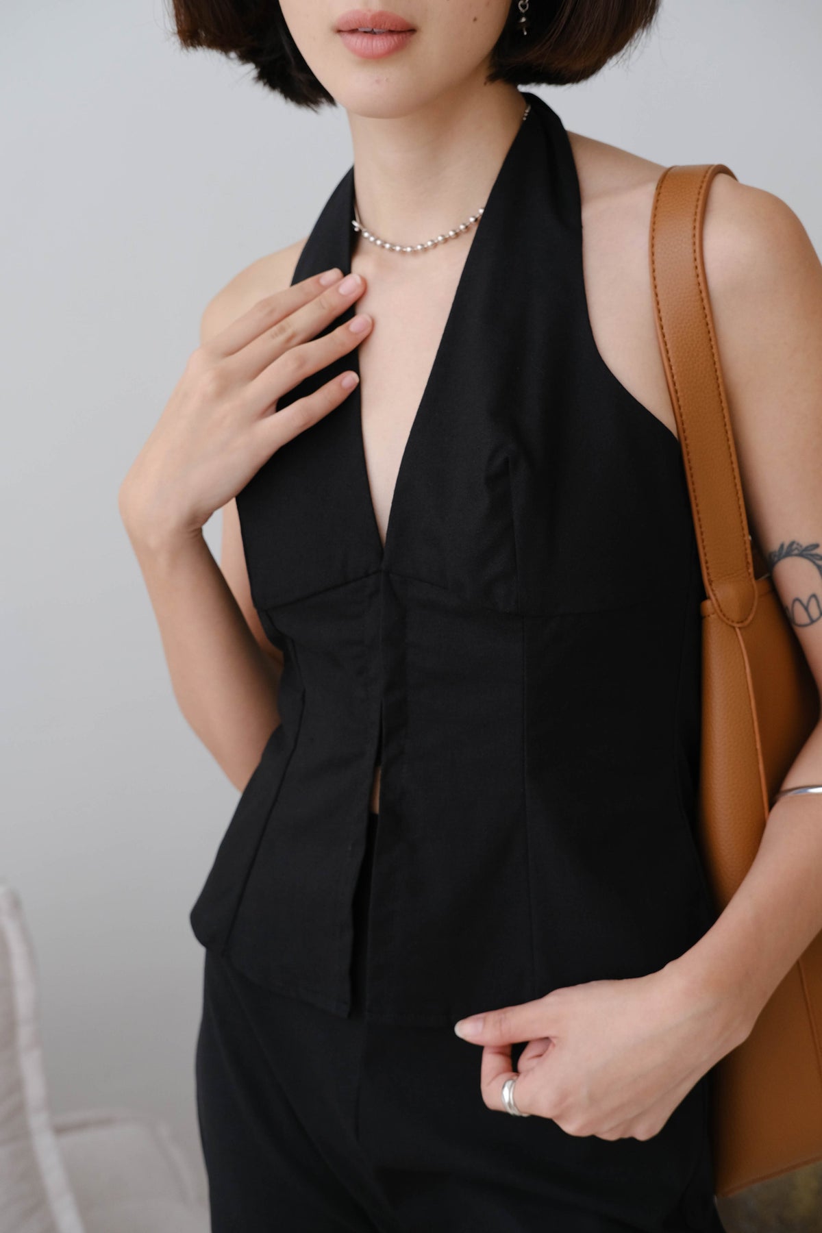 French Cotton and Linen Sleeveless Halter Top with Classic Black