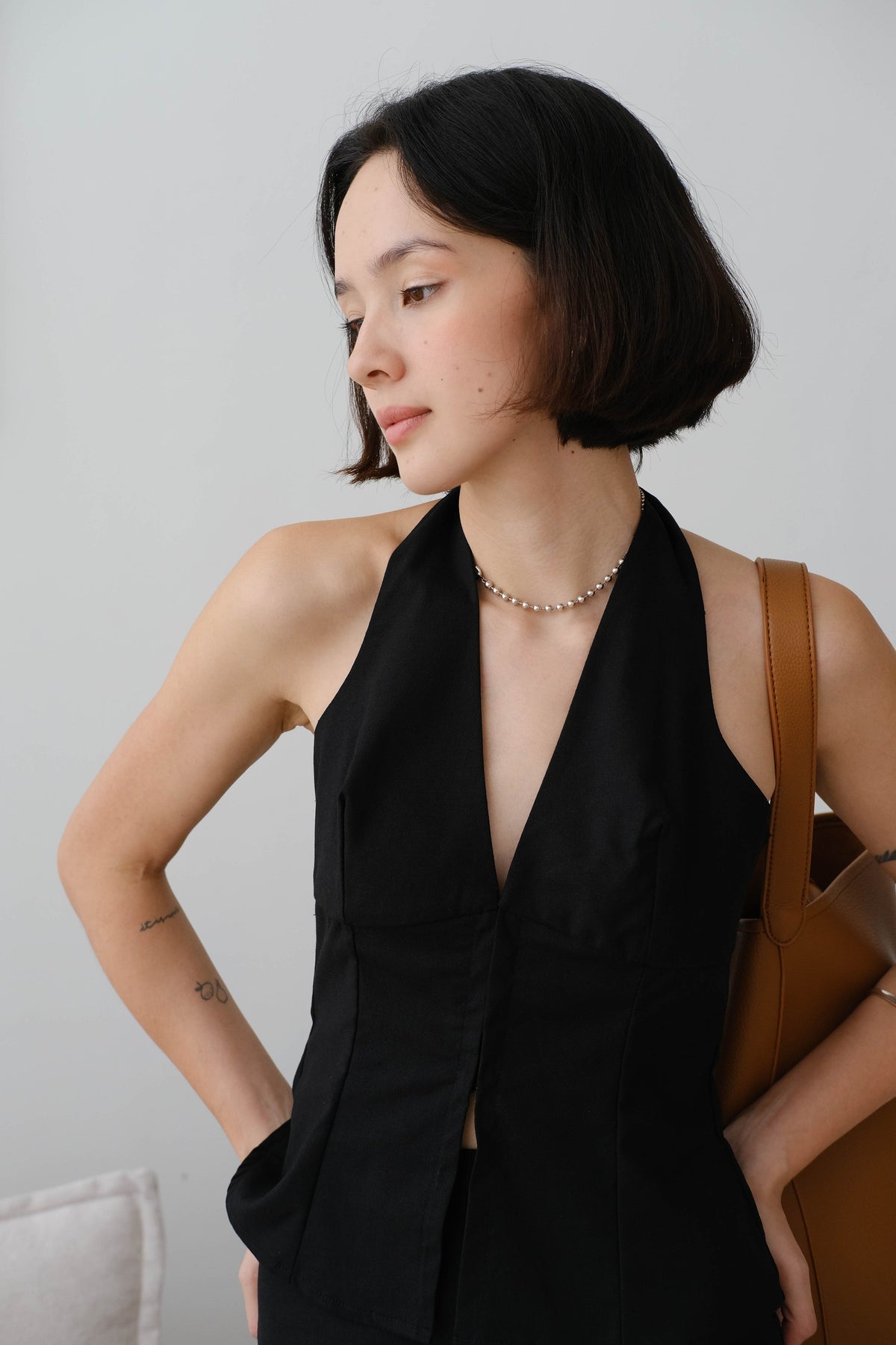 French Cotton and Linen Sleeveless Halter Top with Classic Black