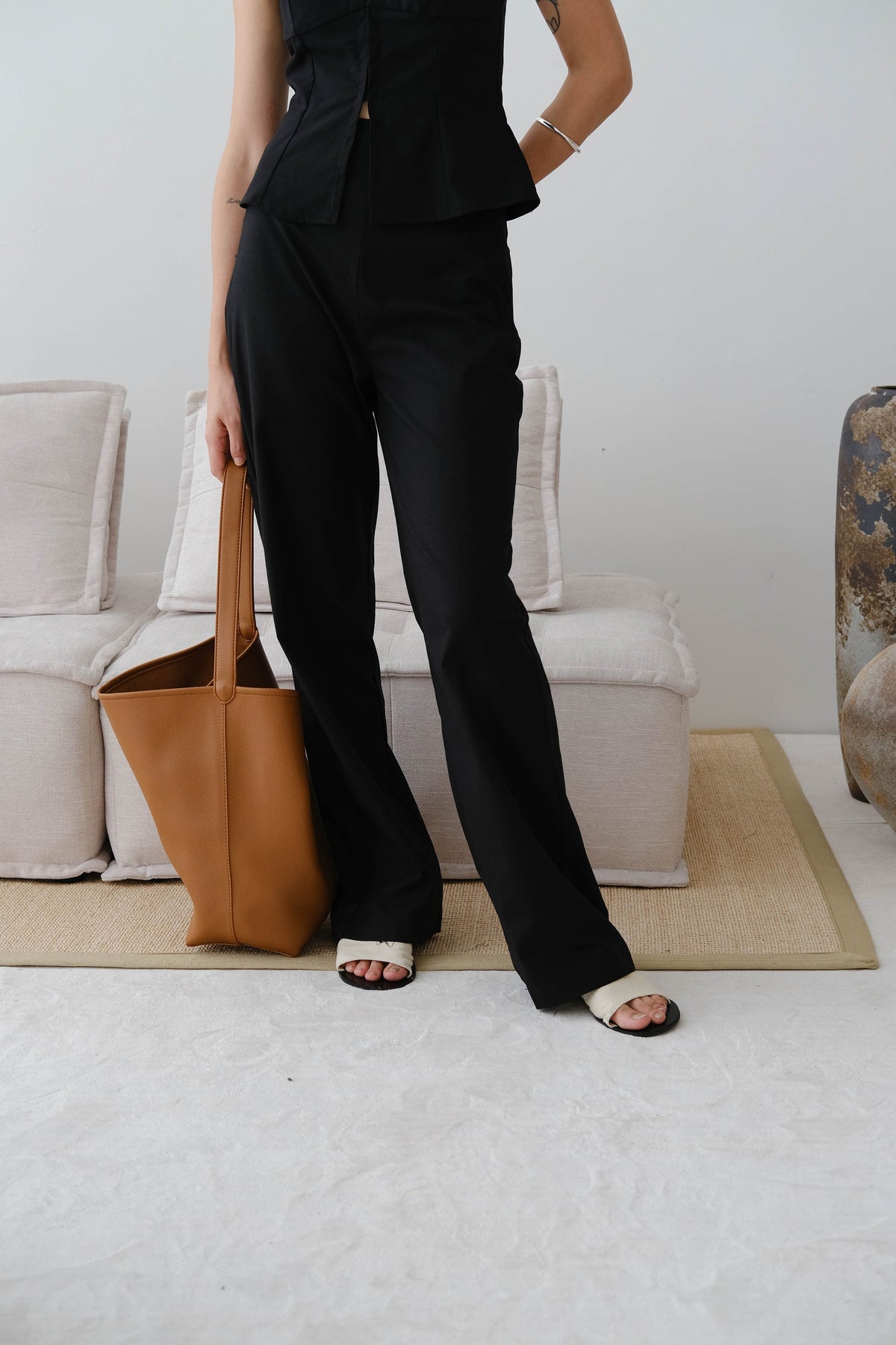 French Cotton and Linen High Waist Trousers In Classic Black