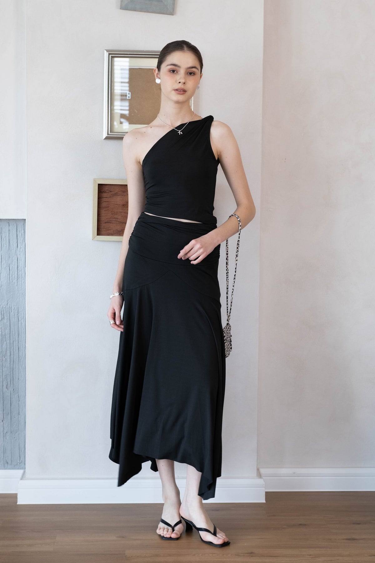Soft Curve One-Shoulder Crop & Skirt Set - Classic Black