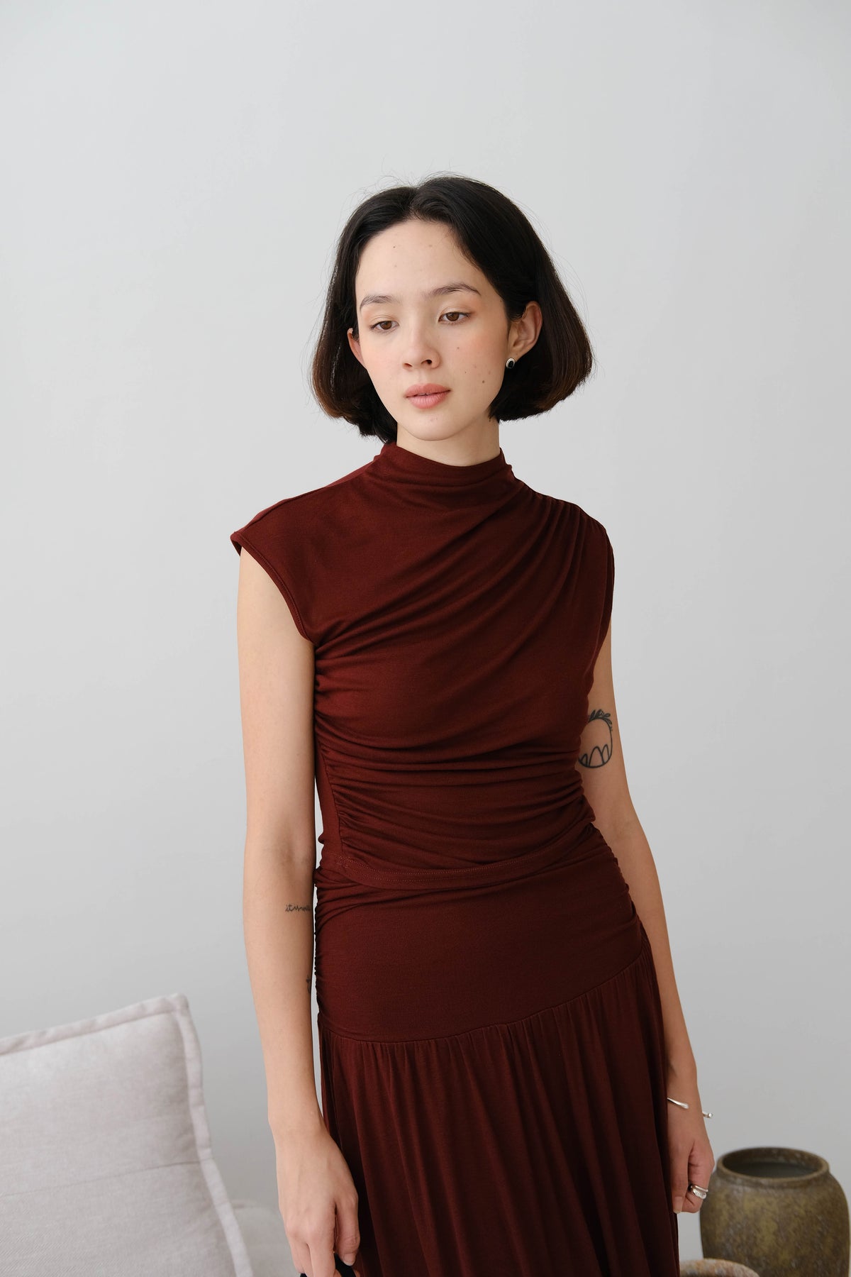 Stand Collar Smocked Sleeve Top In Berry Red