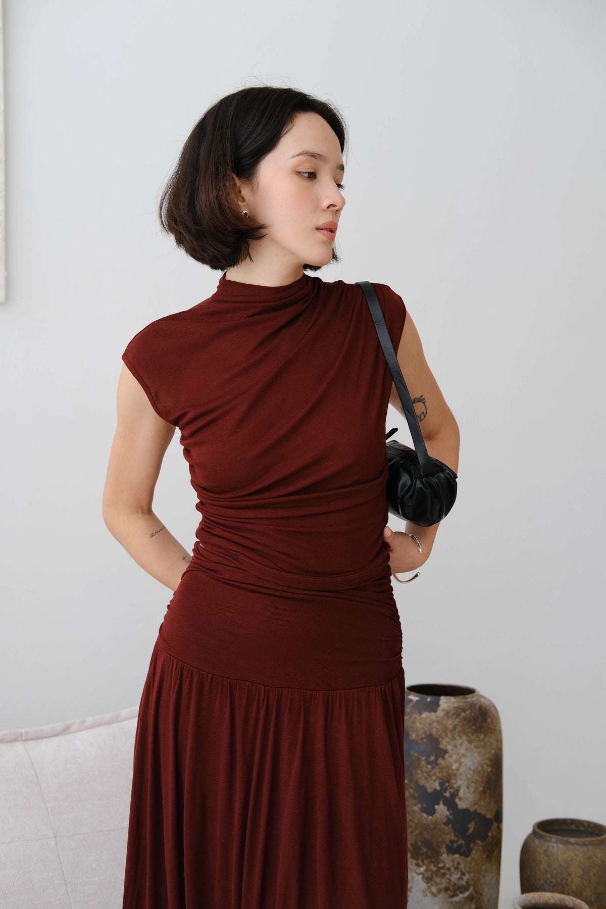 Stand Collar Smocked Sleeve Top In Berry Red