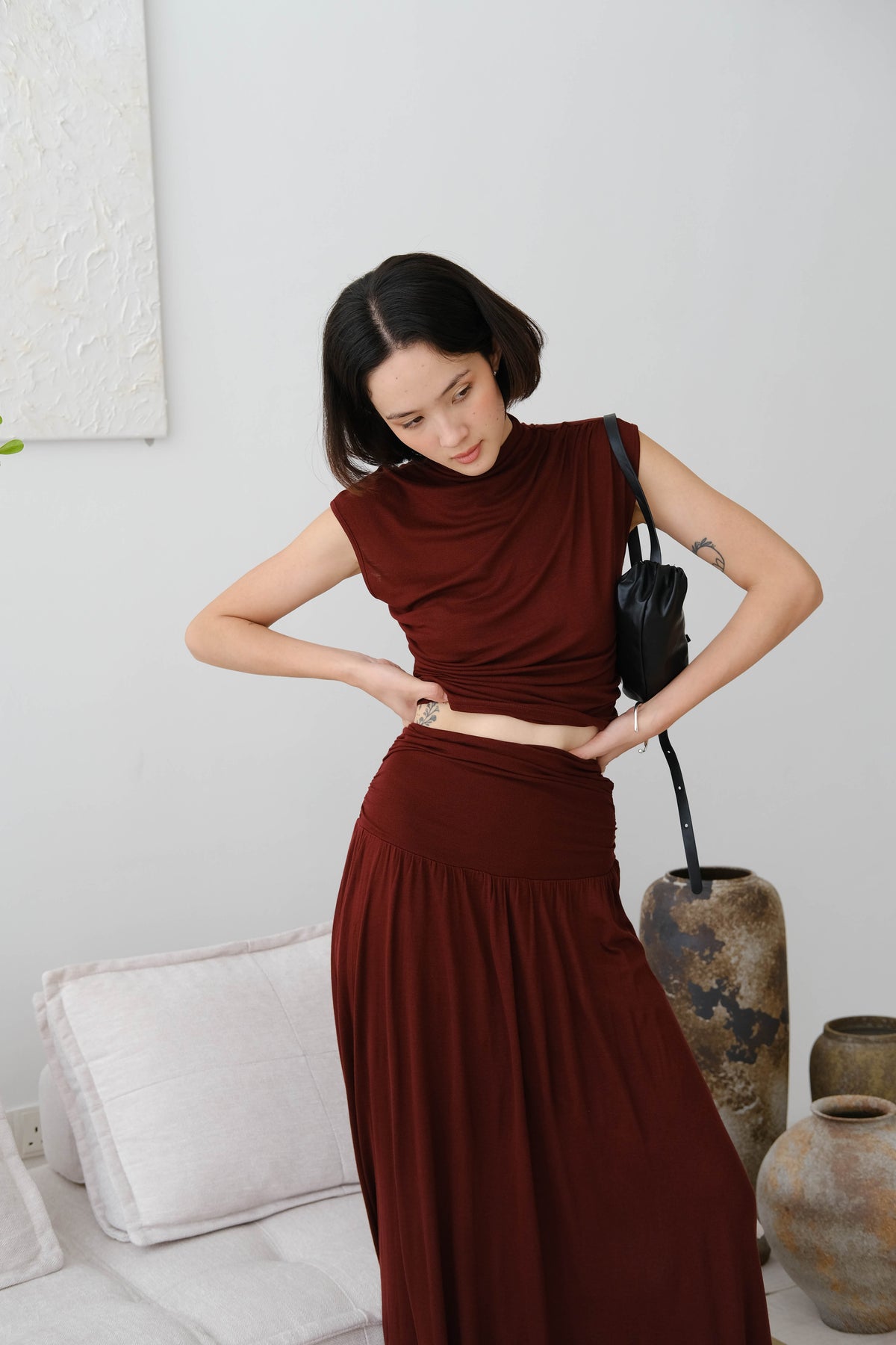 Stand Collar Smocked Sleeve Top In Berry Red
