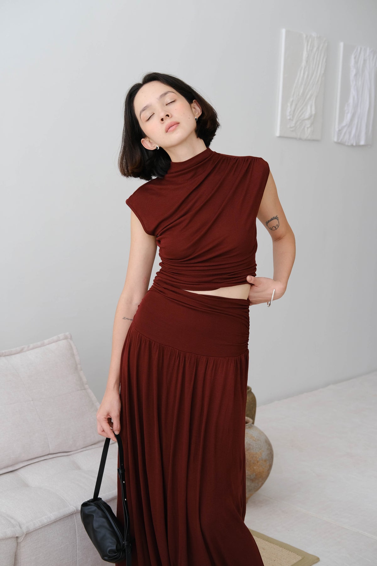 Stand Collar Smocked Sleeve Top In Berry Red