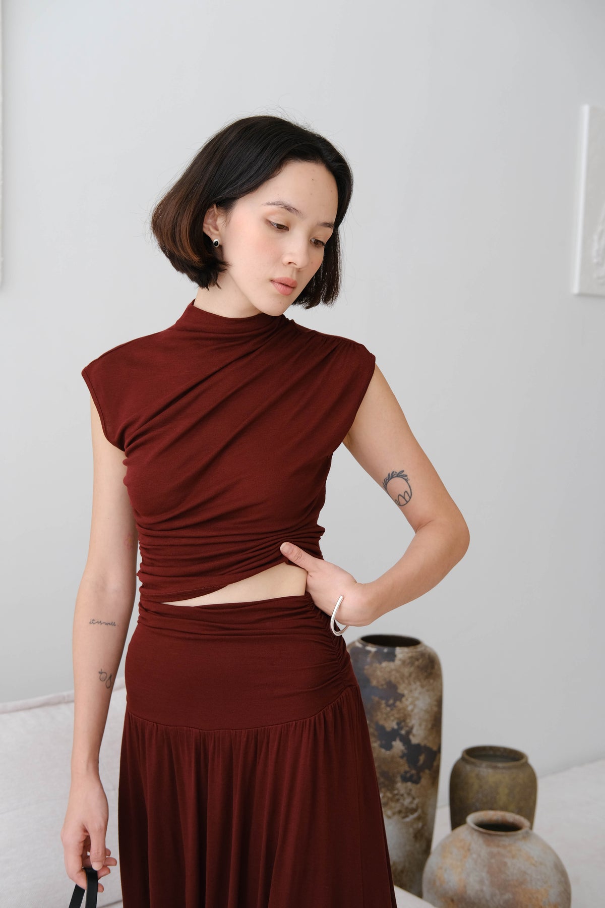 Stand Collar Smocked Sleeve Top In Berry Red