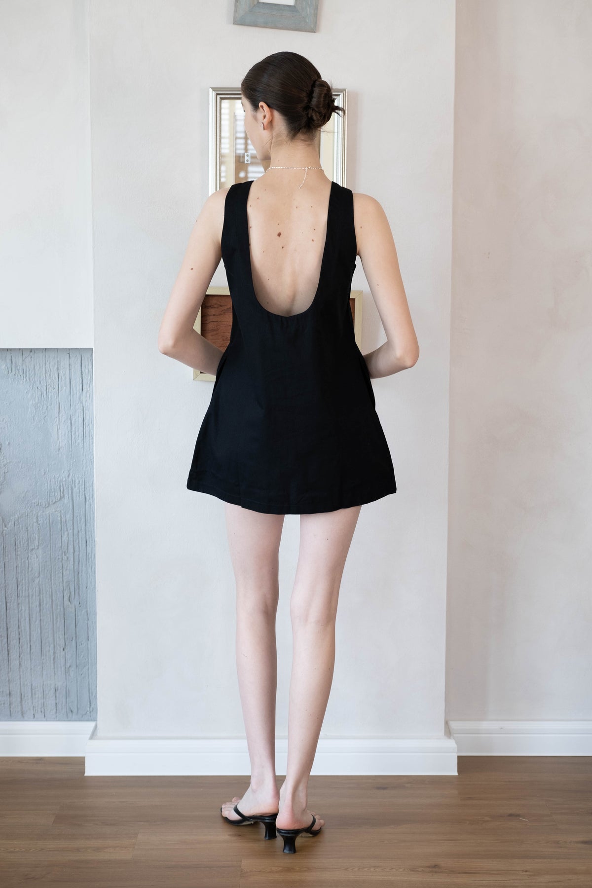 Cotton And Linen Backless Mini Dress In Black
