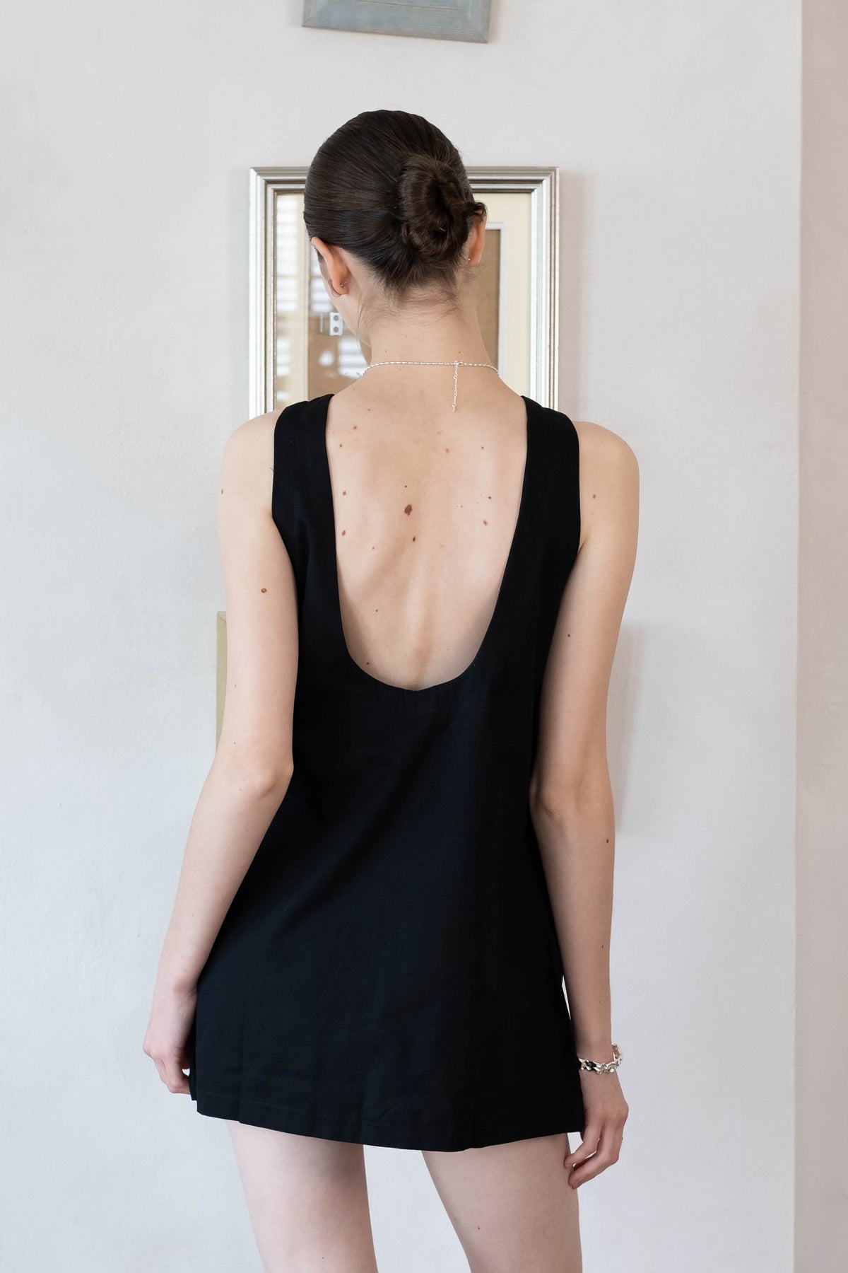 Cotton And Linen Backless Mini Dress In Black