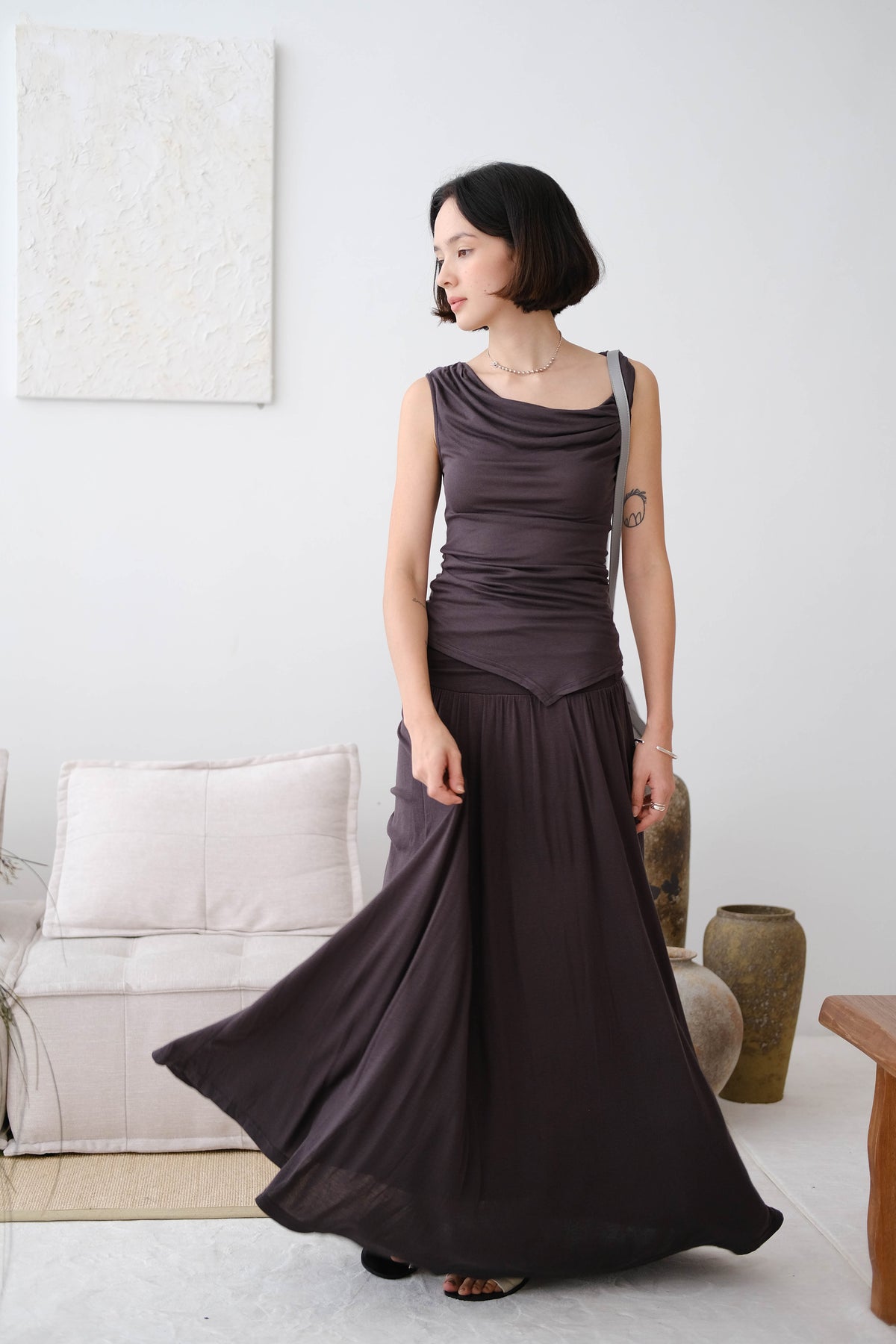 Wide Waistband Pleated Knitted Skirt In Soot Color