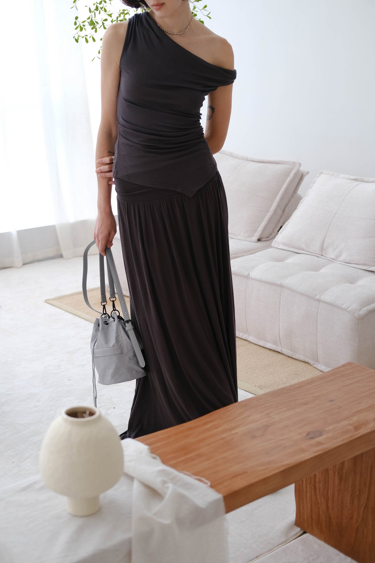 Wide Waistband Pleated Knitted Skirt In Soot Color