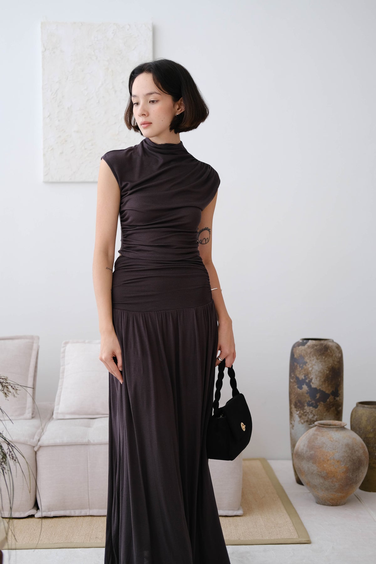 Stand Collar Smocked Sleeve Top In Soot Color