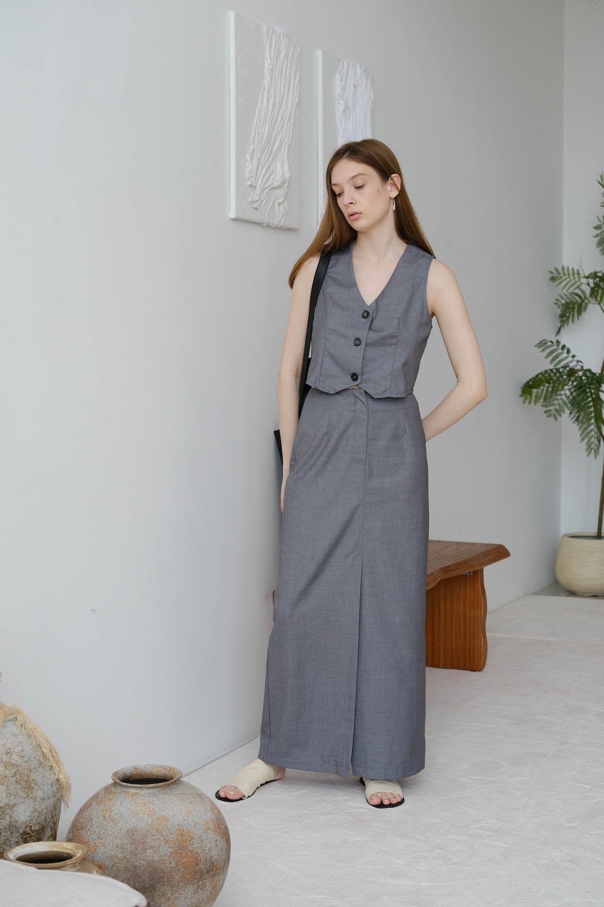French High-Waisted Skirt Slit In Grey