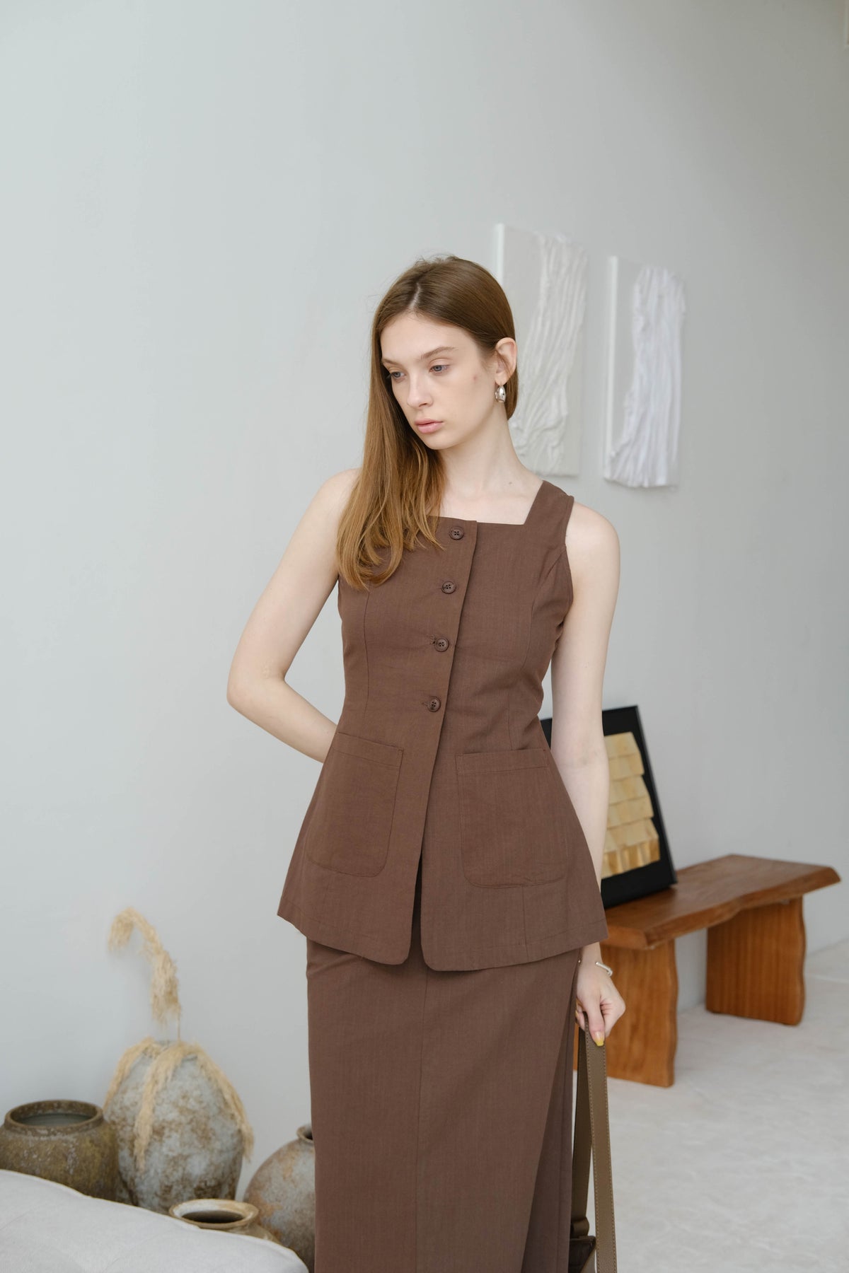 French High-End Pencil Skirt In Dark Brown
