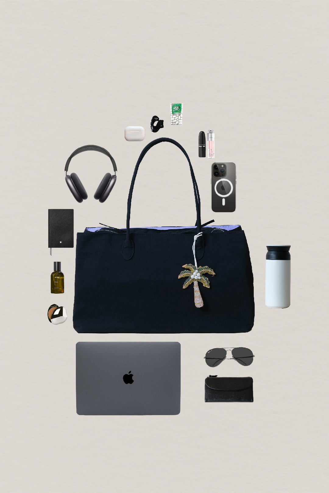 Classic Flow Nylon Tote - Black Purple (With Charm)