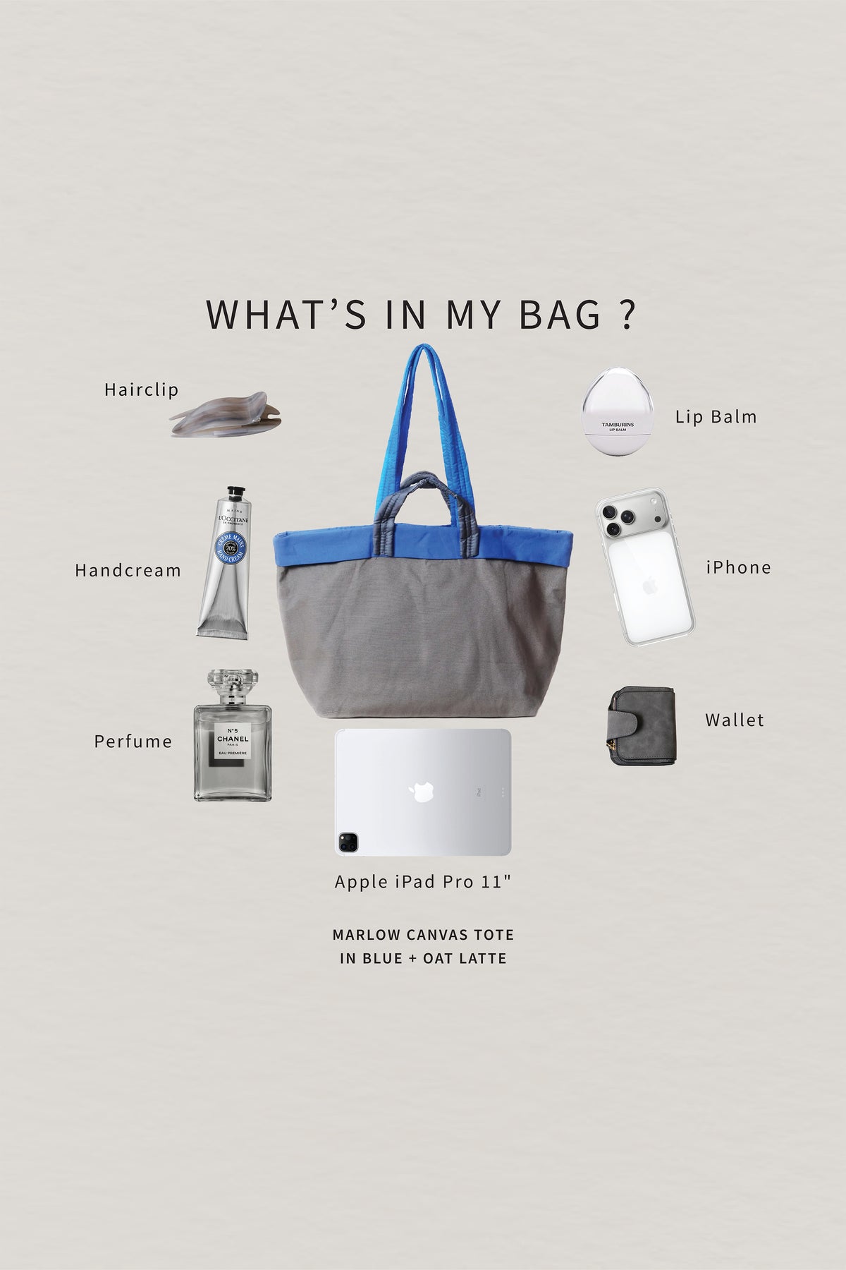 Marlow Canvas Tote - Blue + Oat Latte