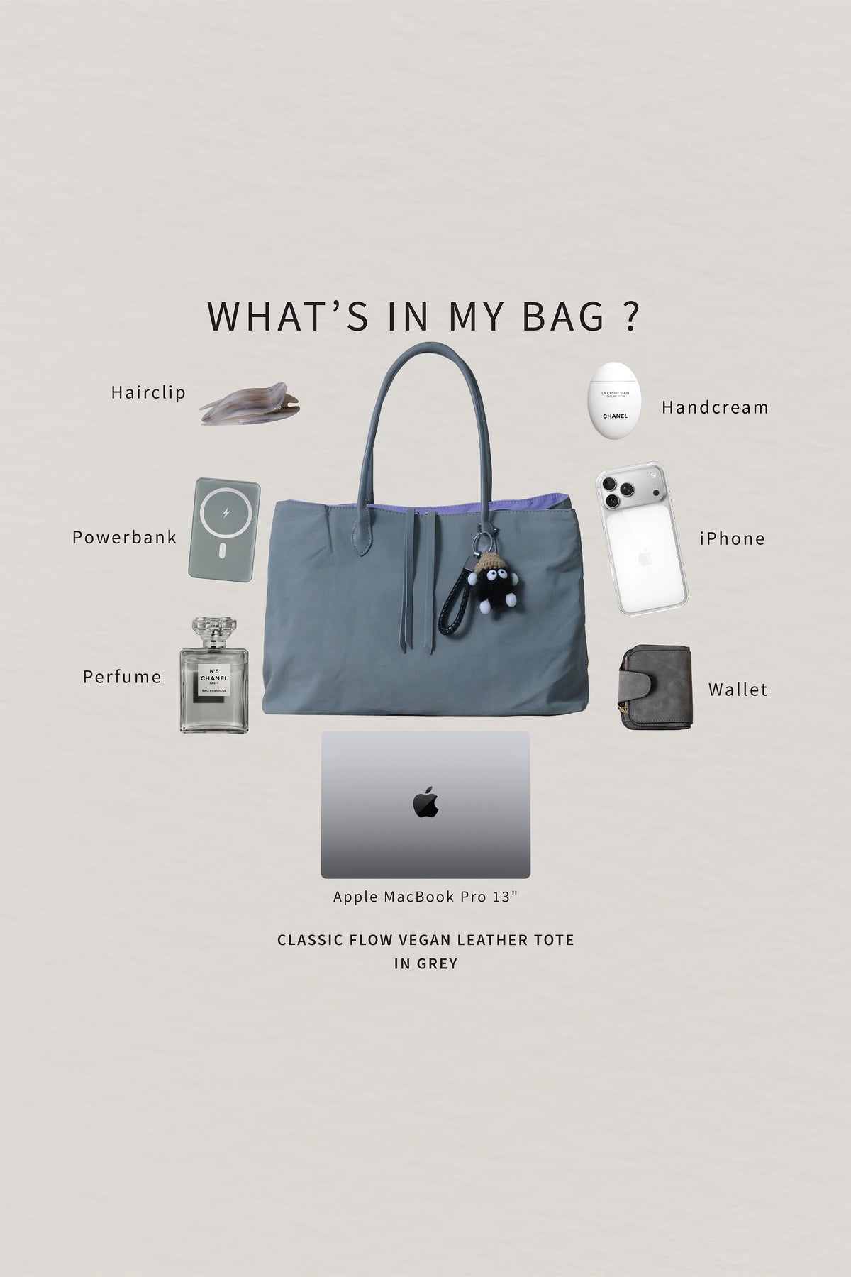 Classic Flow Vegan Leather Tote - Grey (With Charm)