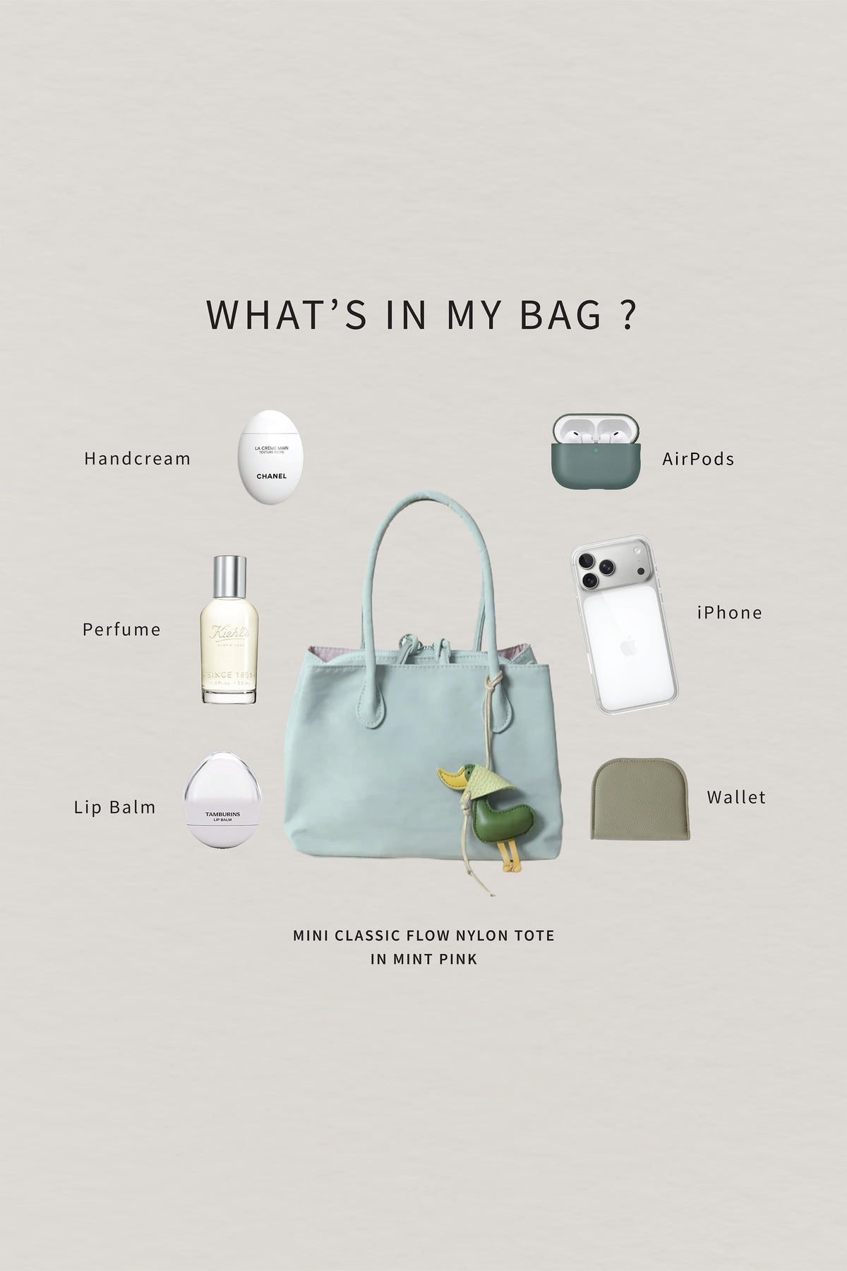Mini Classic Flow Nylon Tote - Mint Pink (With Charm)